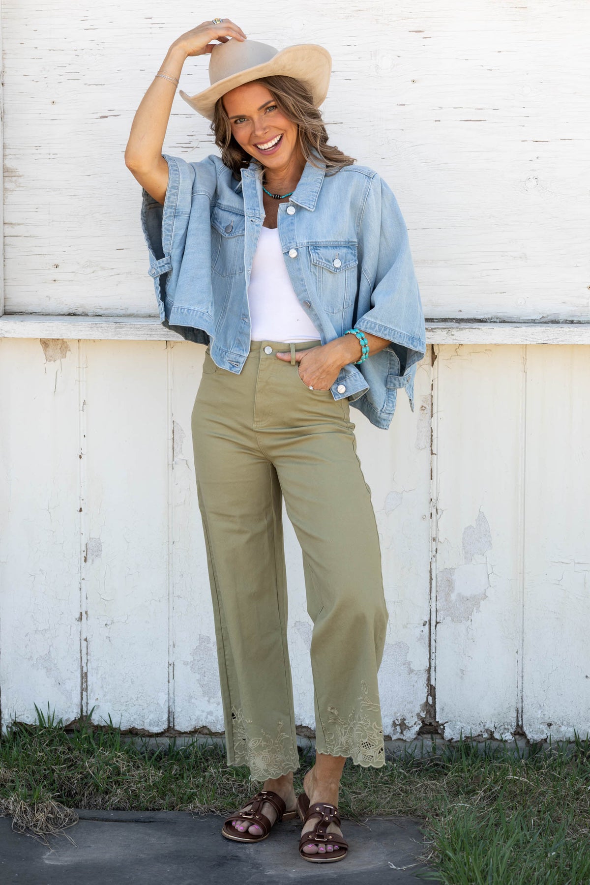 Light Olive Scallop Hem And Embroidery Pants