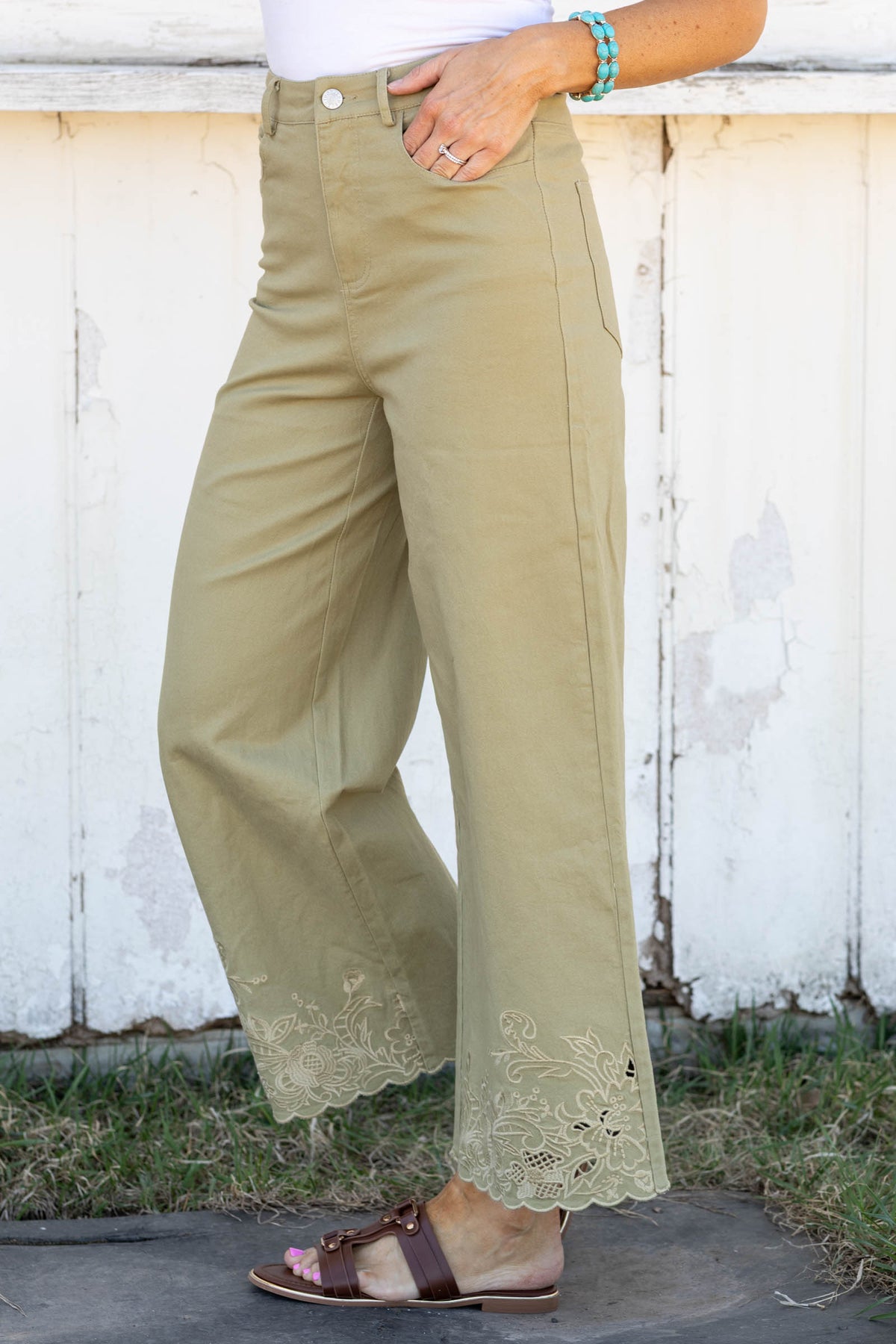 Light Olive Scallop Hem And Embroidery Pants
