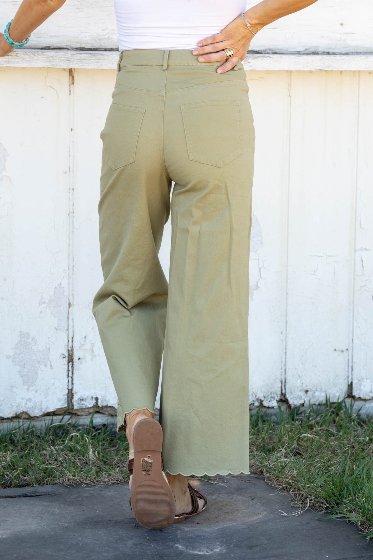 Light Olive Scallop Hem And Embroidery Pants