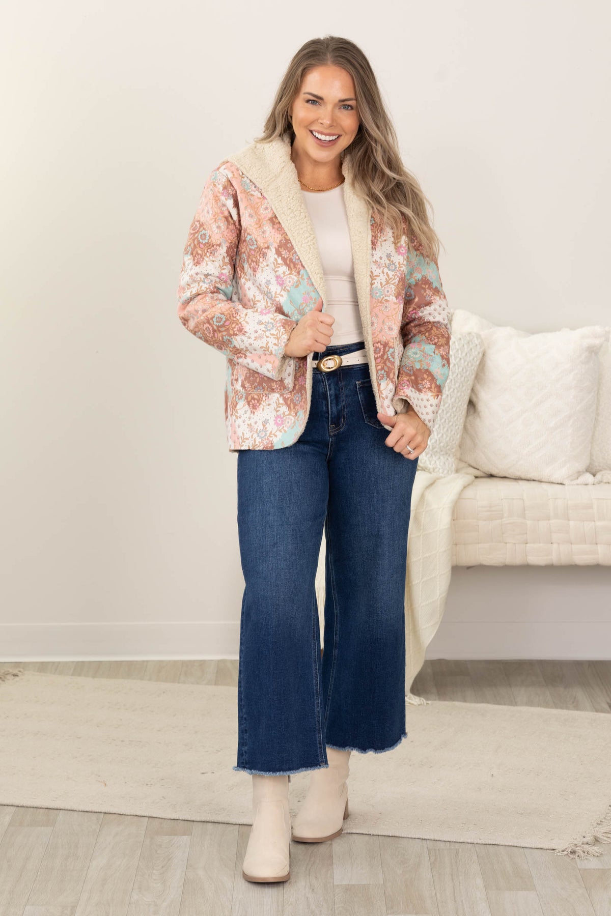 Beige Multicolor Patchwork Print Sherpa Jacket