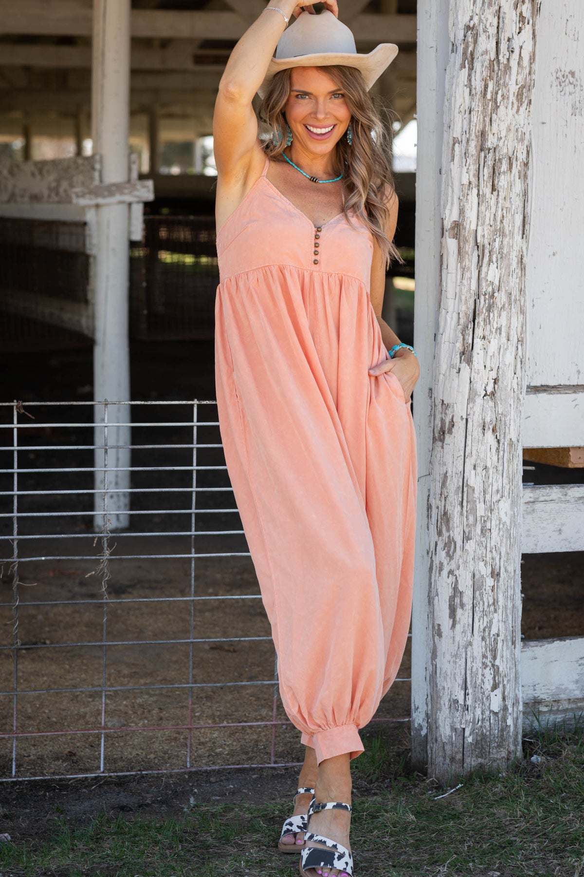 Peach Mineral Washed V-Neck Jumpsuit