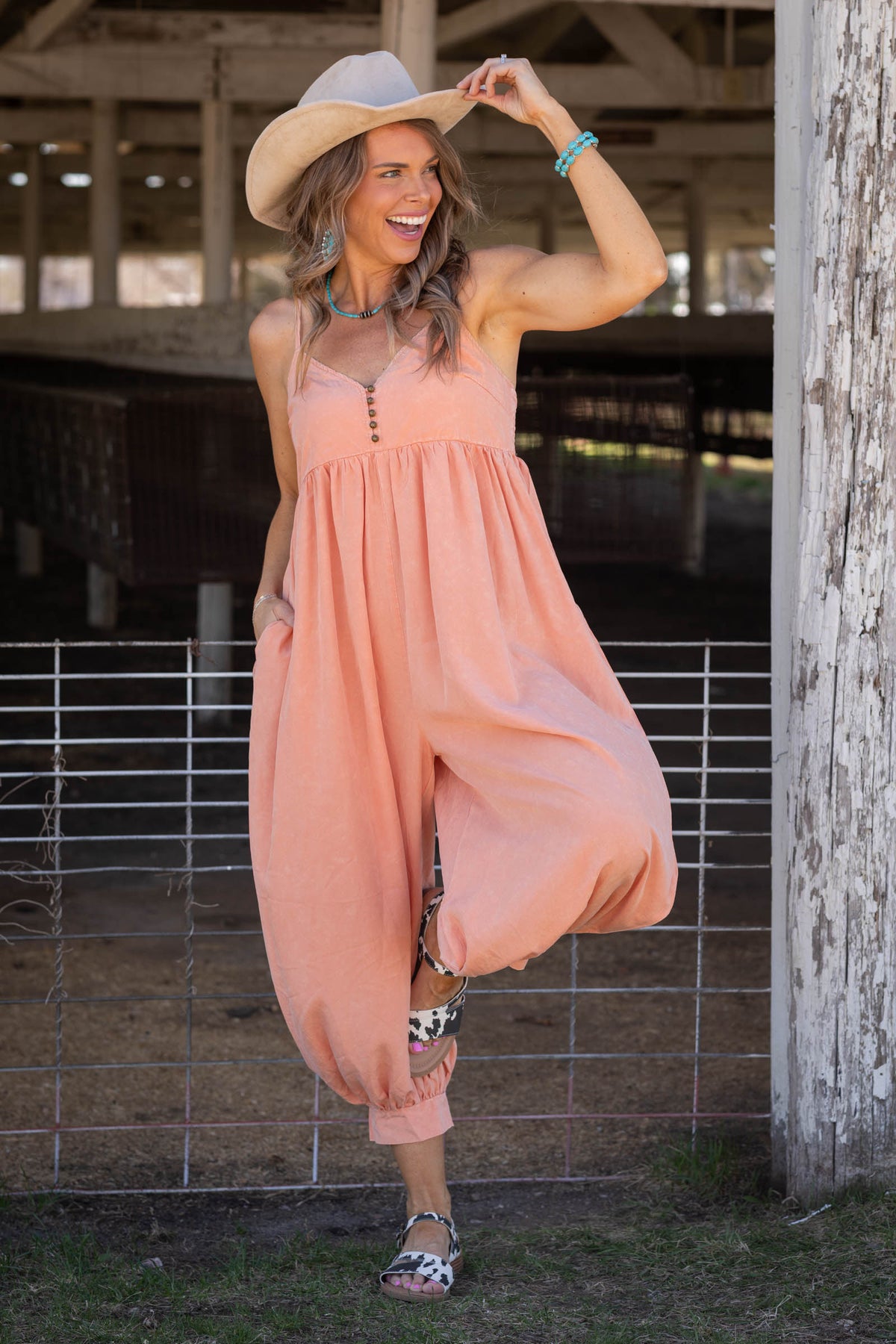 Peach Mineral Washed V-Neck Jumpsuit