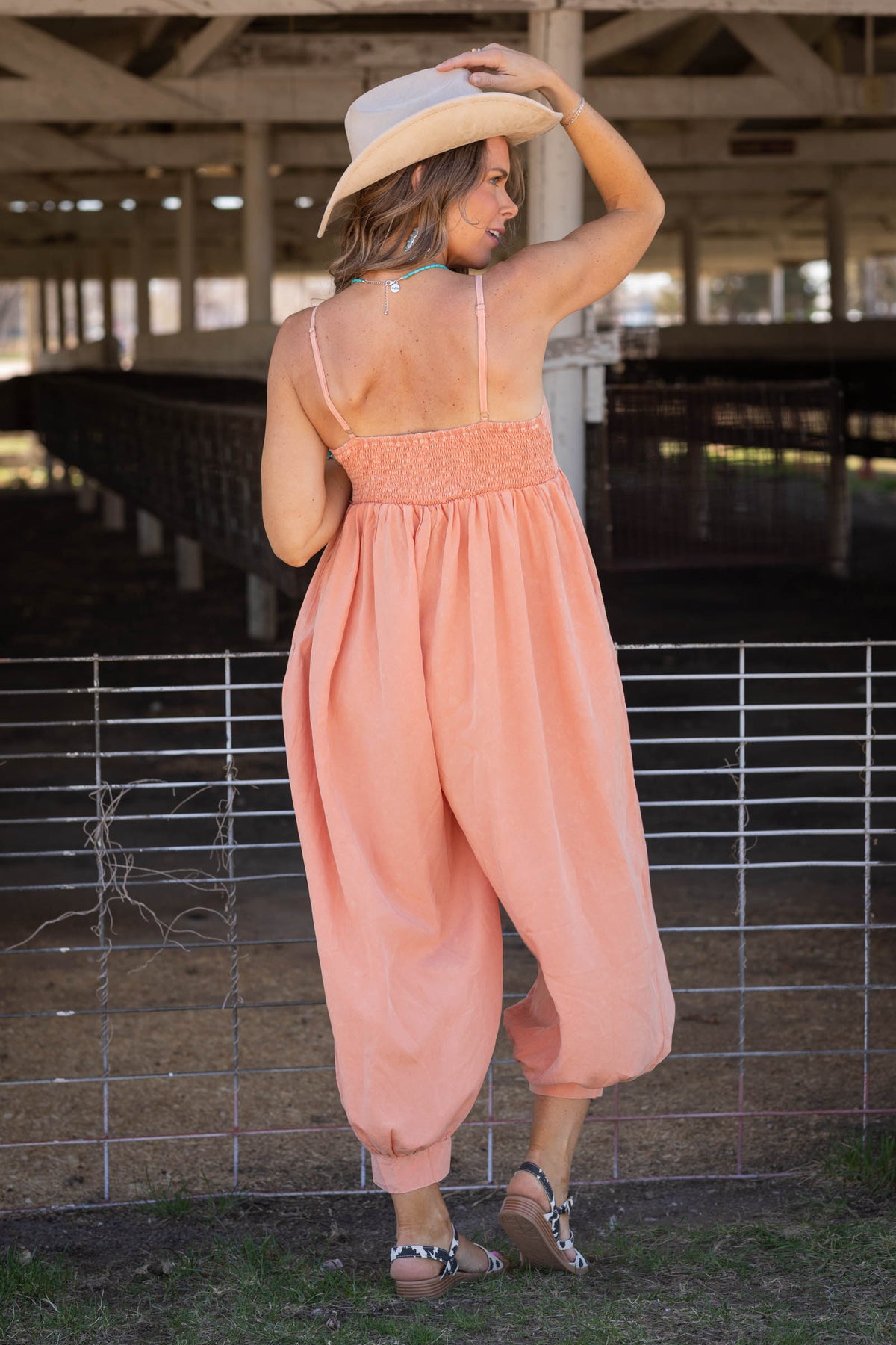 Peach Mineral Washed V-Neck Jumpsuit