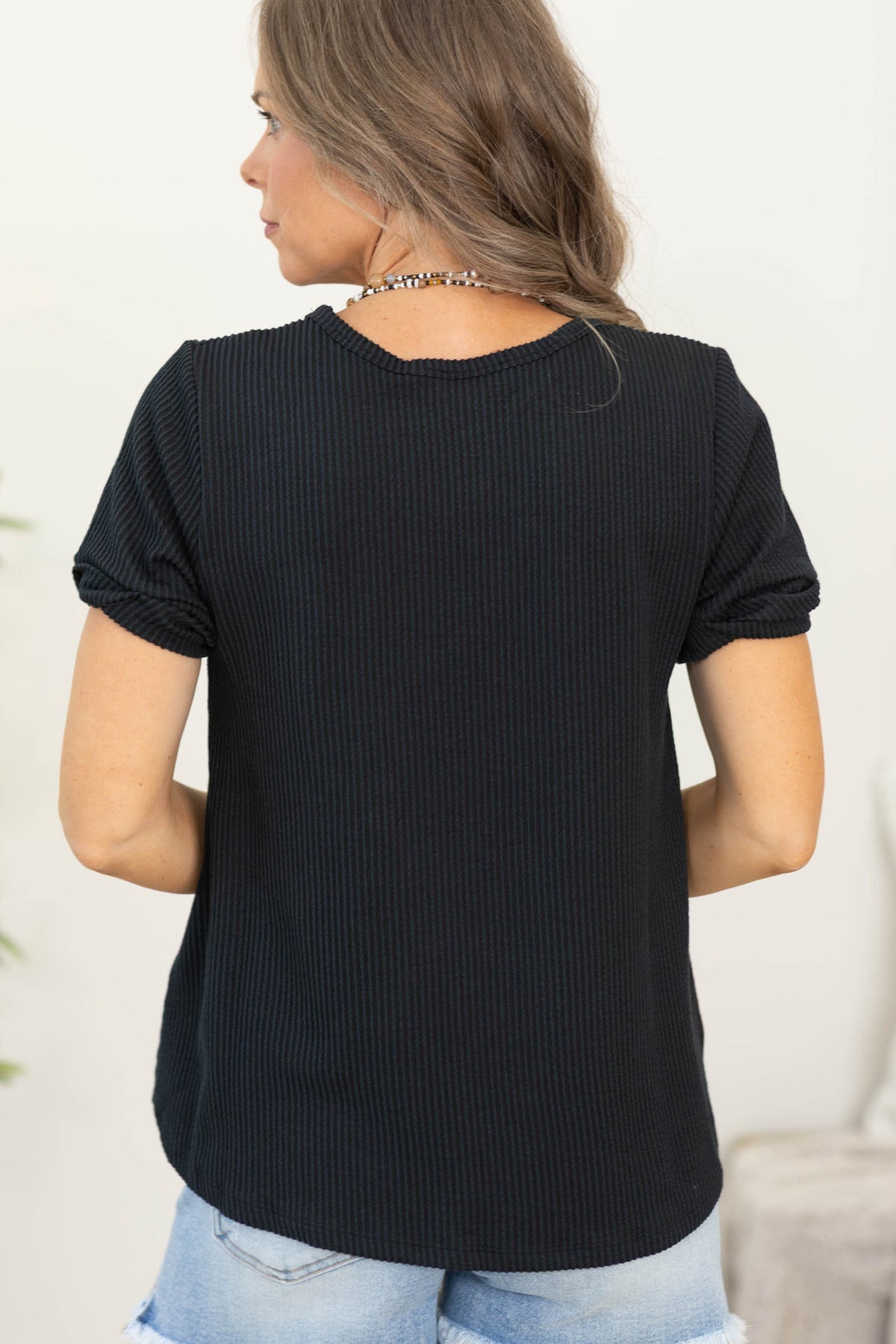 Rib V-Neck Short Sleeve Rolled Hem Knit Tops