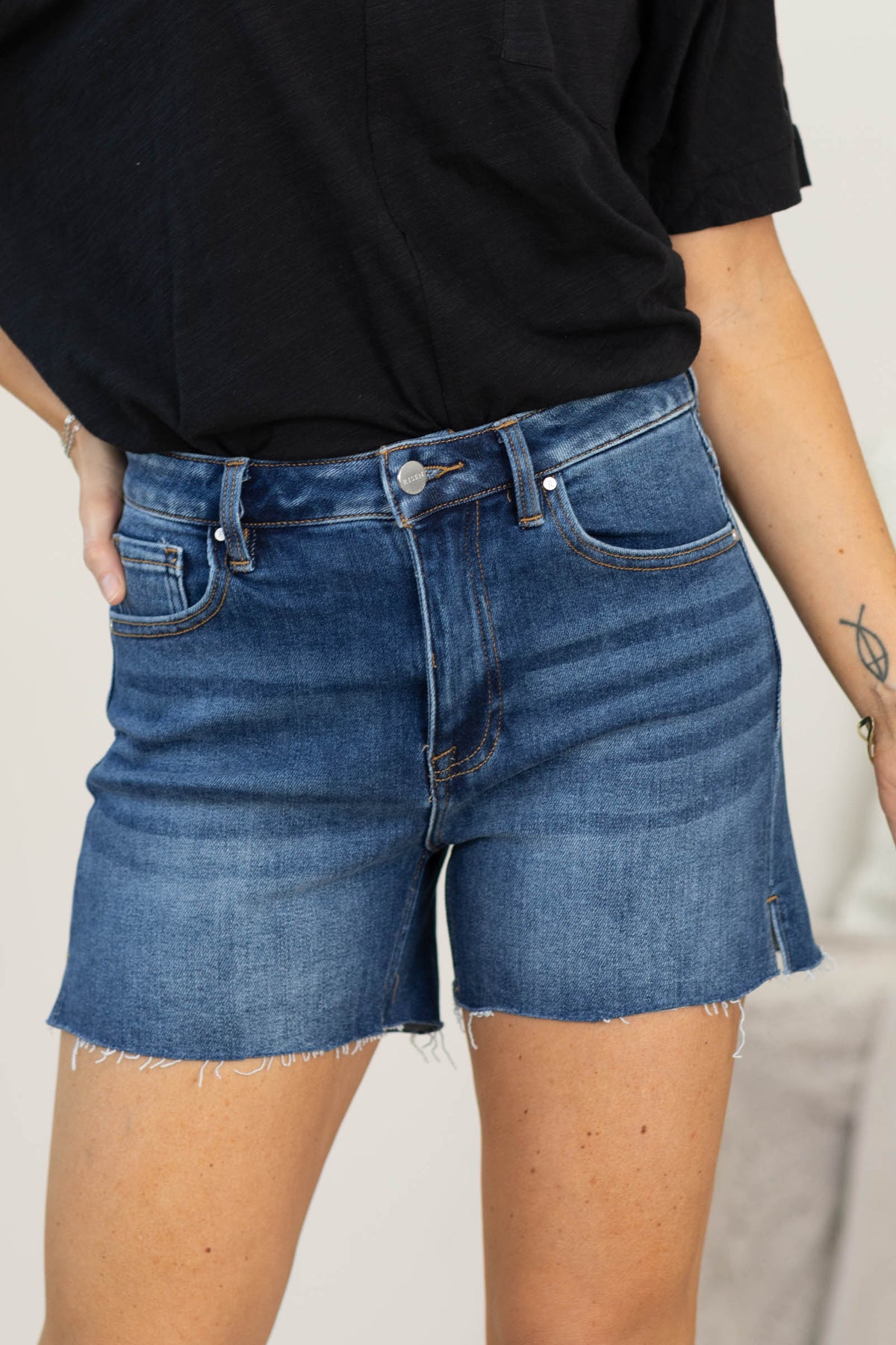 Risen High Rise Raw Cut Hem Side Slit Shorts