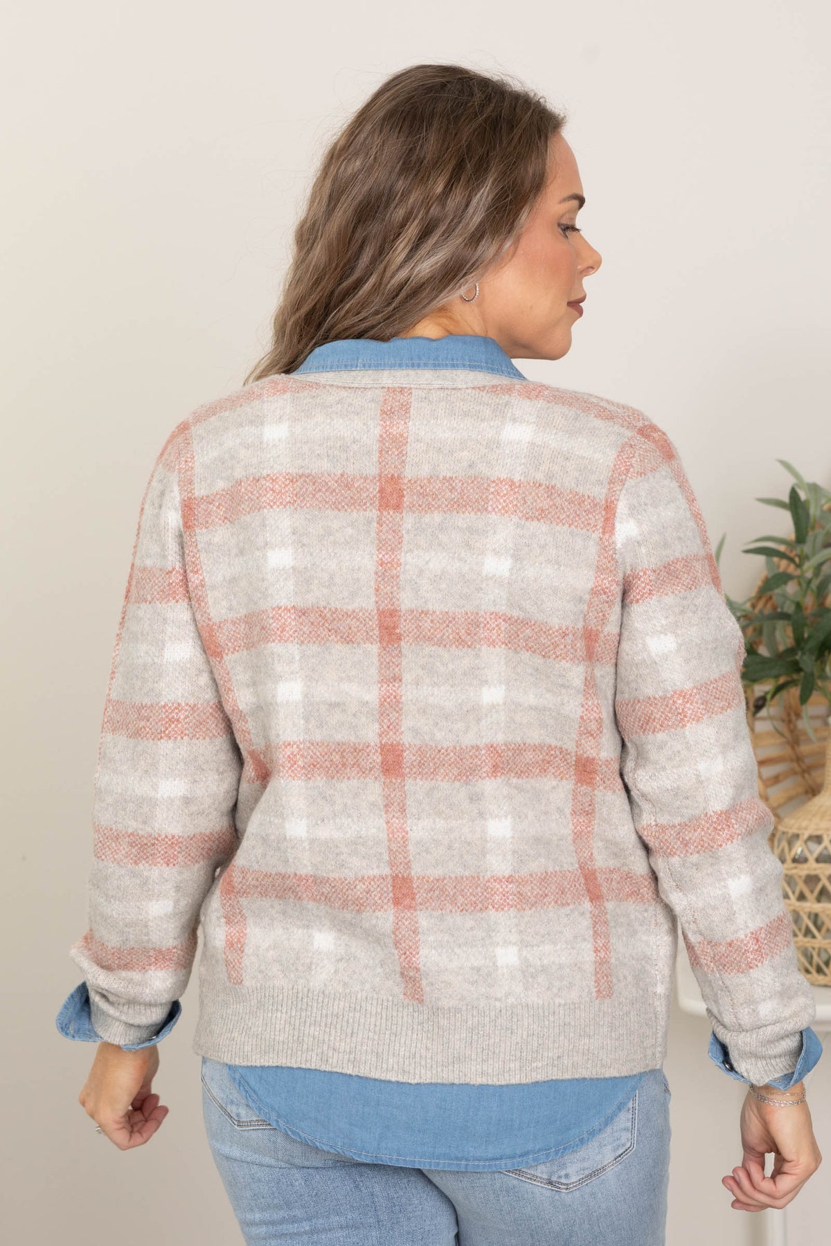 Heather Grey And Rust Checker Cardigan
