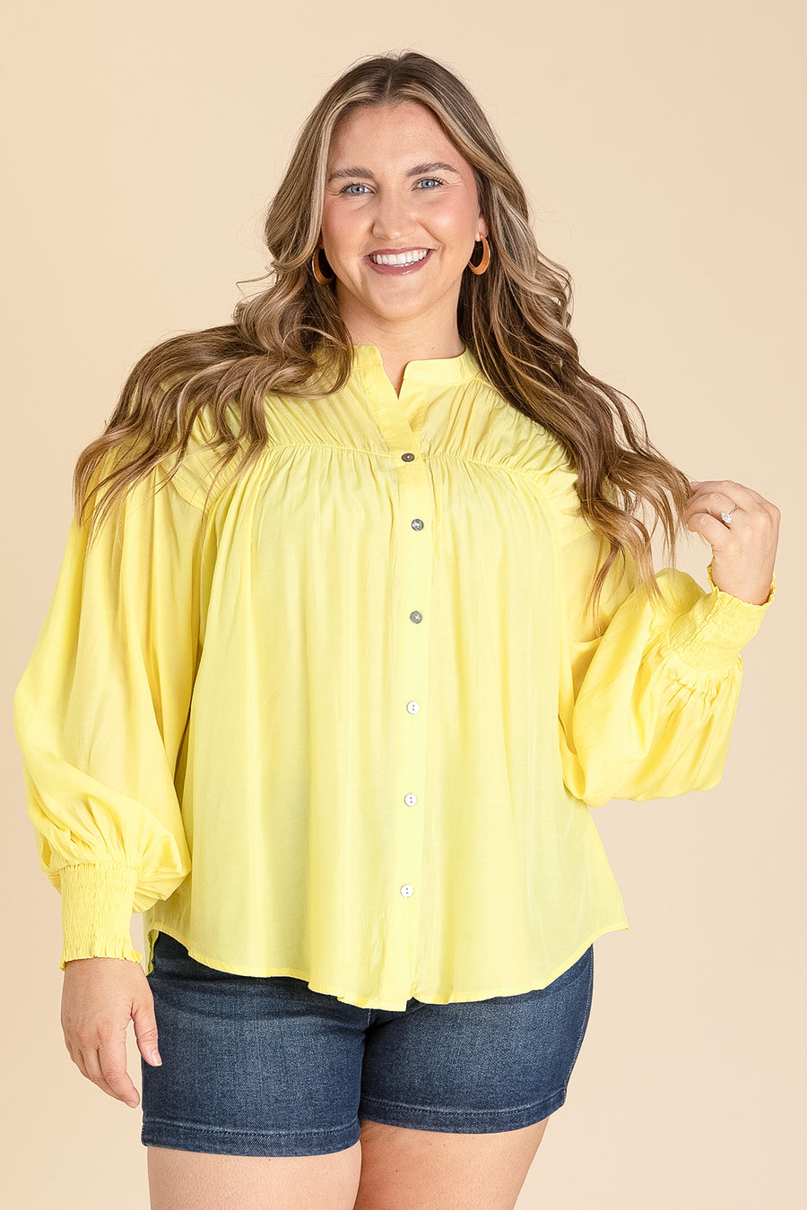 Yellow Smocked Cuff Lightweight Button Up