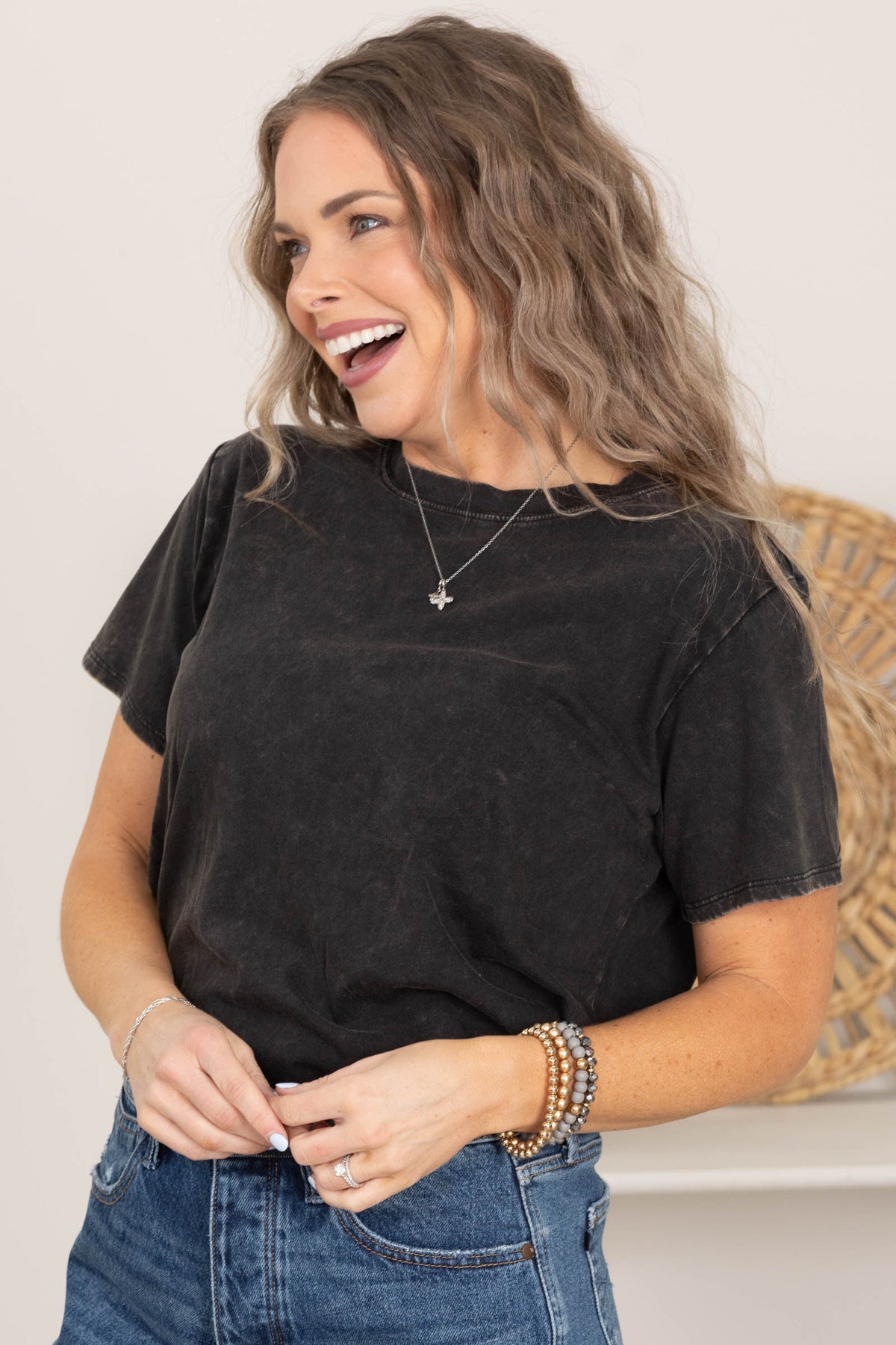 Washed Crew Neck Short Sleeve Knit Tops- 100% Cotton