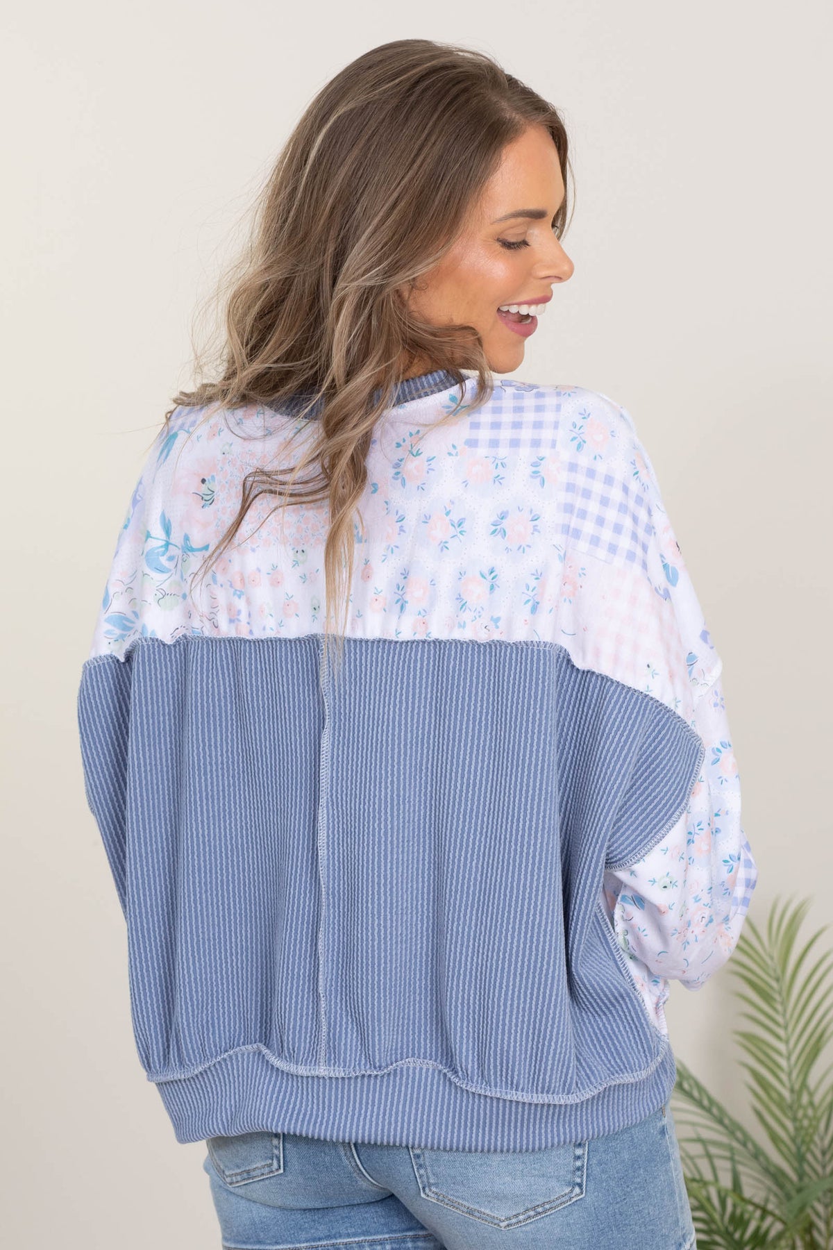 Dusty Blue Triangle Patchwork Knit Top