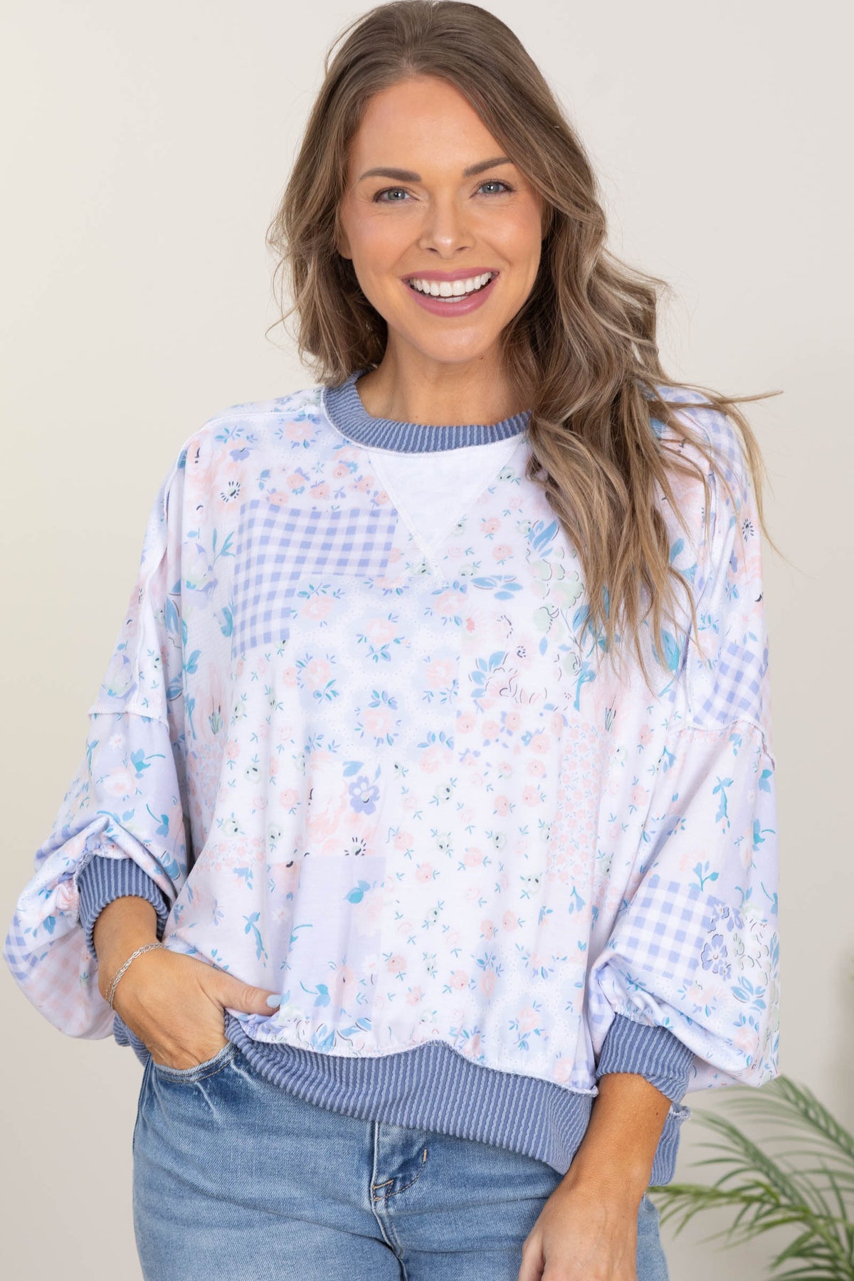 Dusty Blue Triangle Patchwork Knit Top