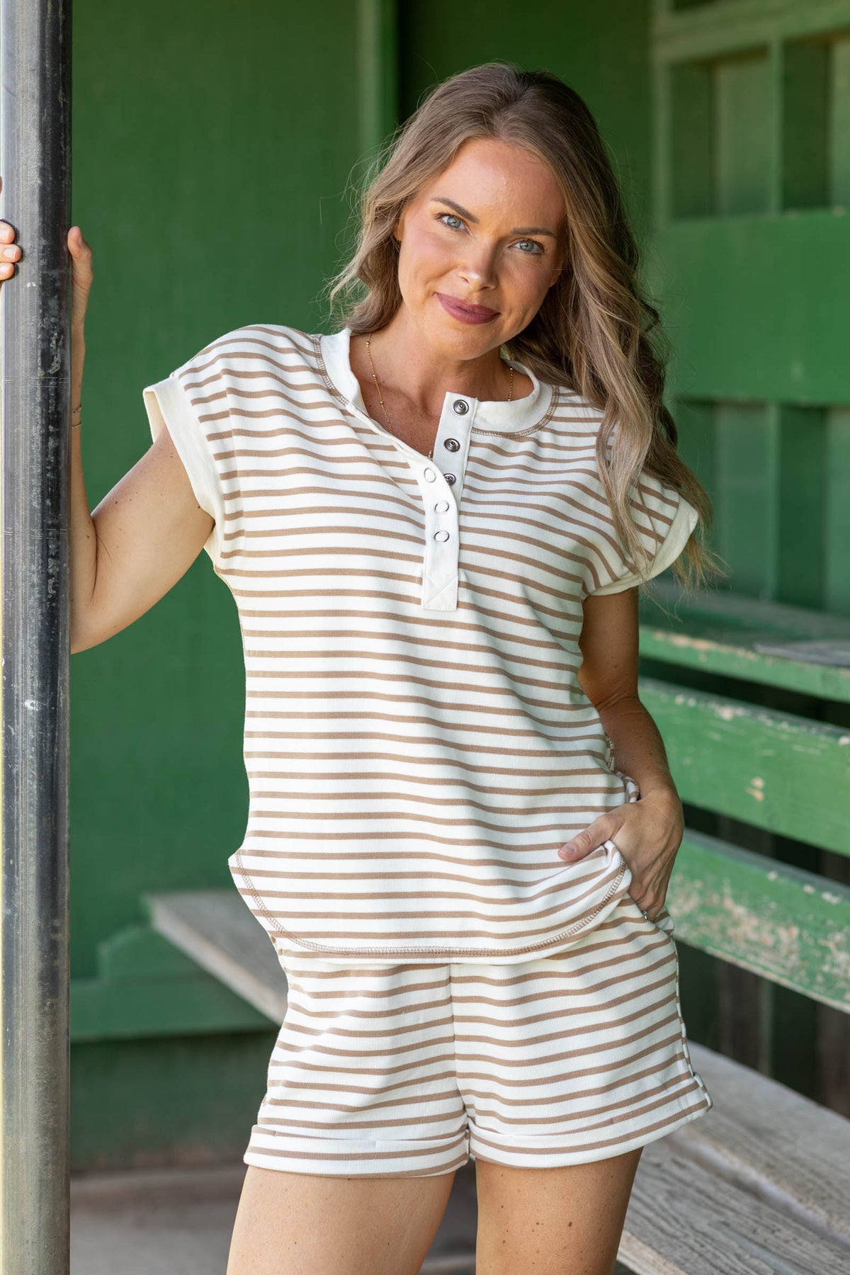 Tan Stripe Short Sleeve Snap Button Knit Top