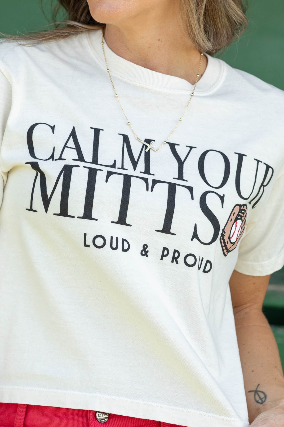 Baseball Calm Your Mitts Cropped Tee- 100% Cotton