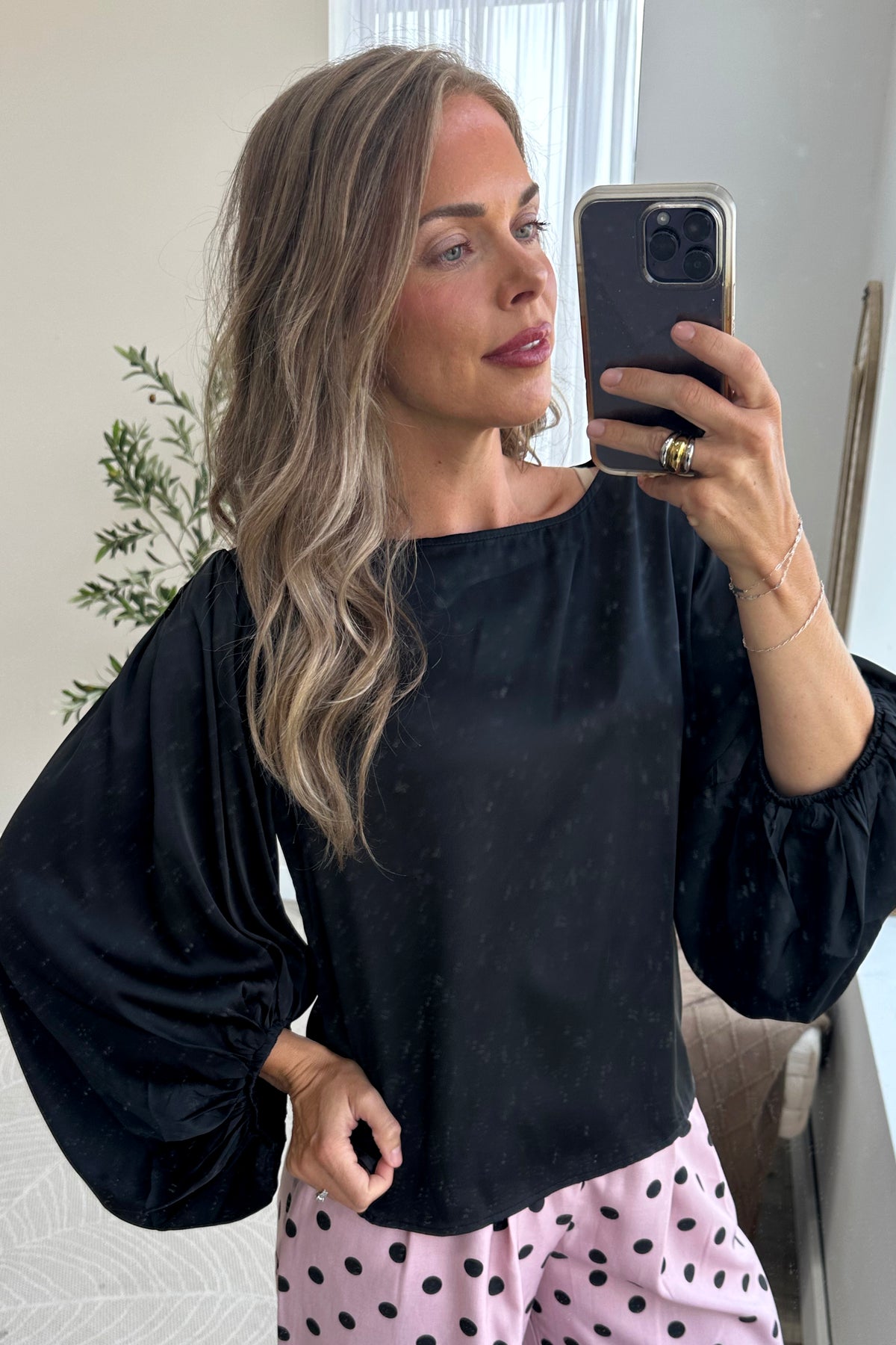 Black Silk Like Long Sleeve Woven Top