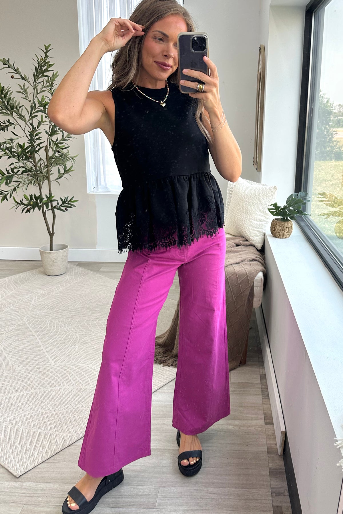 Magenta High Waist Front Yoke Pants