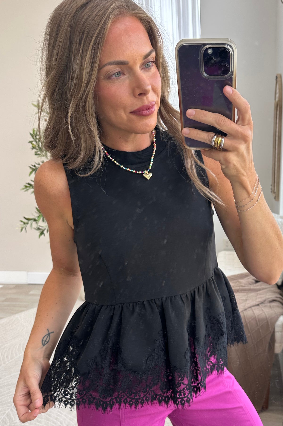 Black Tank With Lace Trim Knit Top