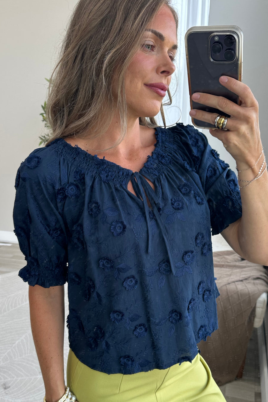 Navy Embroidered Floral Off The Shoulder Blouse