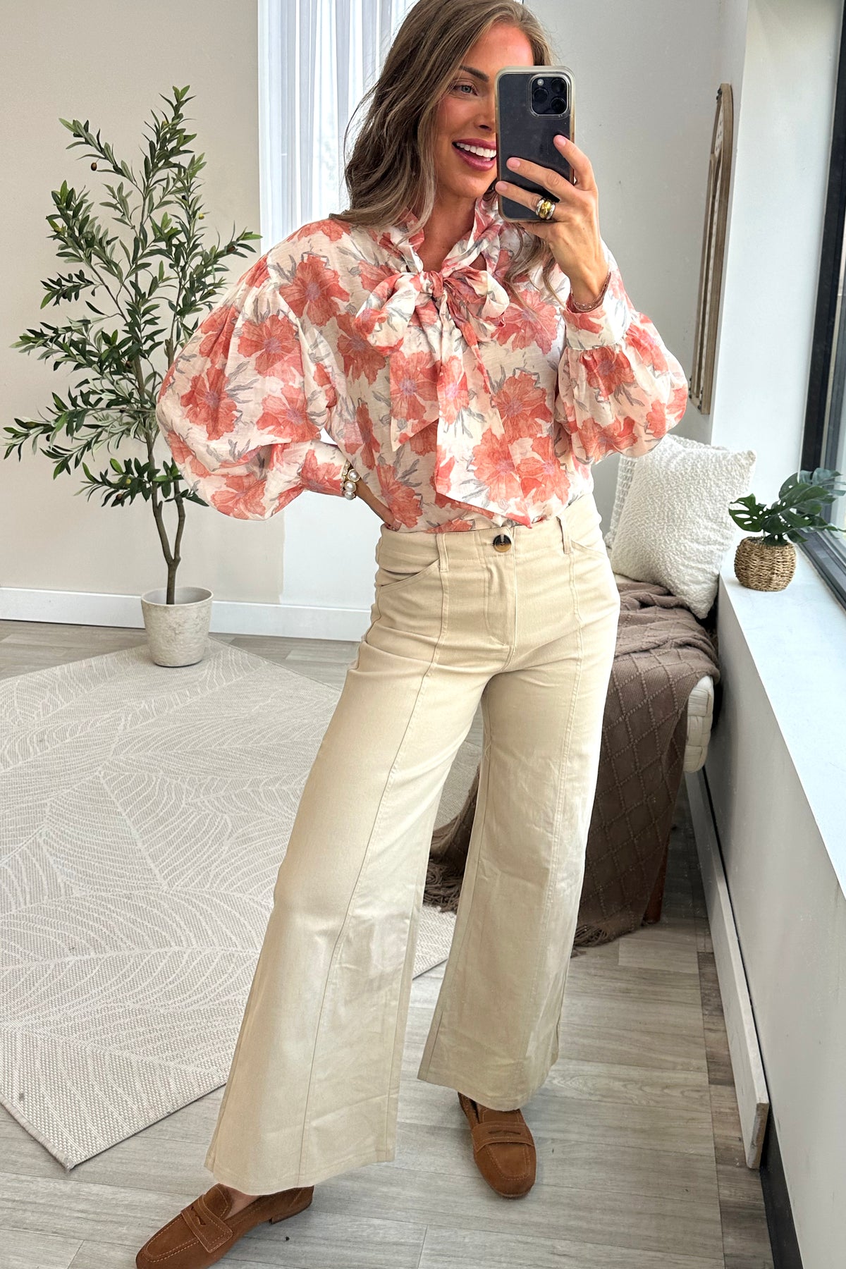 Ivory And Coral Floral Blouse
