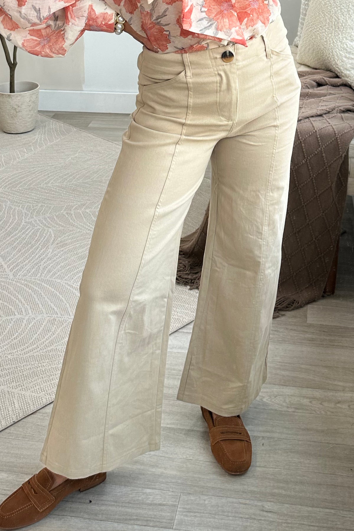 Khaki High Rise Wide Leg Pants