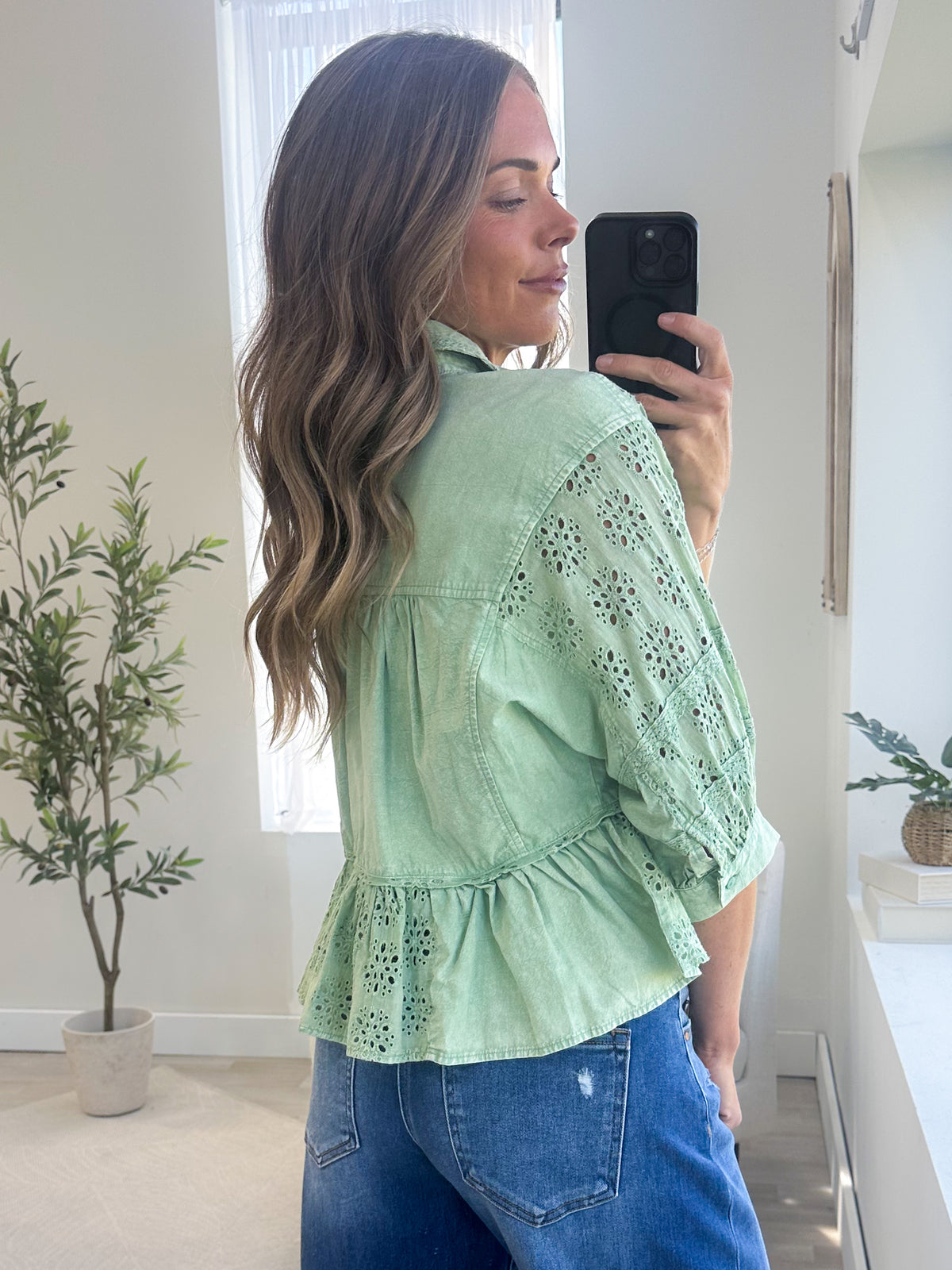 Sage Eyelet Lace Ruffle Peplum Button Down Top