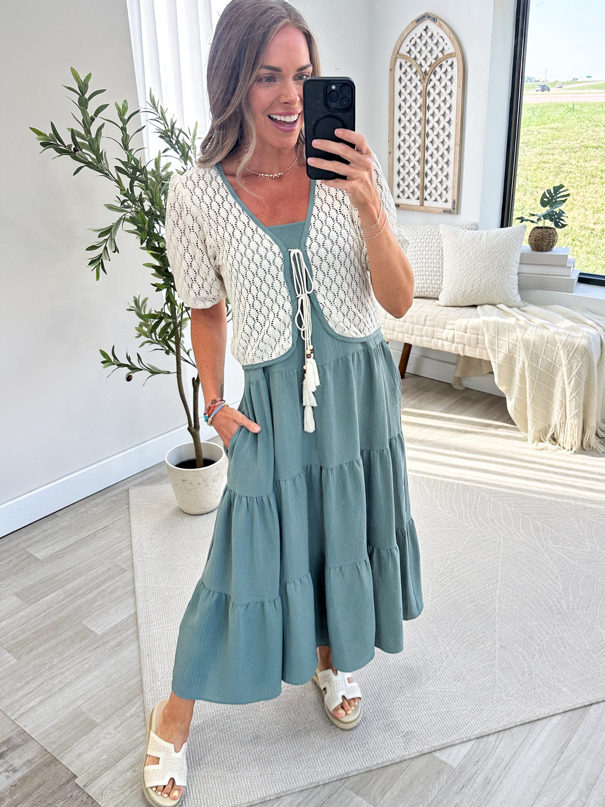 Ivory Twofer Cardigan Dark Sage Midi Dress
