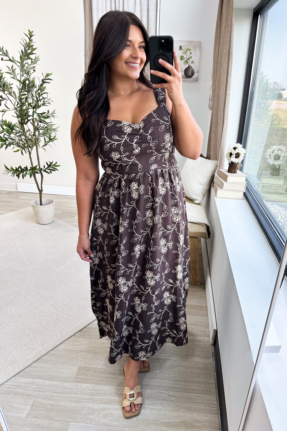 Brown Embroidered Floral Sweetheart Midi Dress