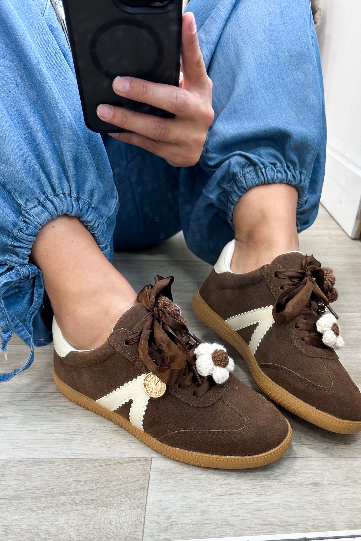 Mia Chocolate Sneakers With Crochet Flowers