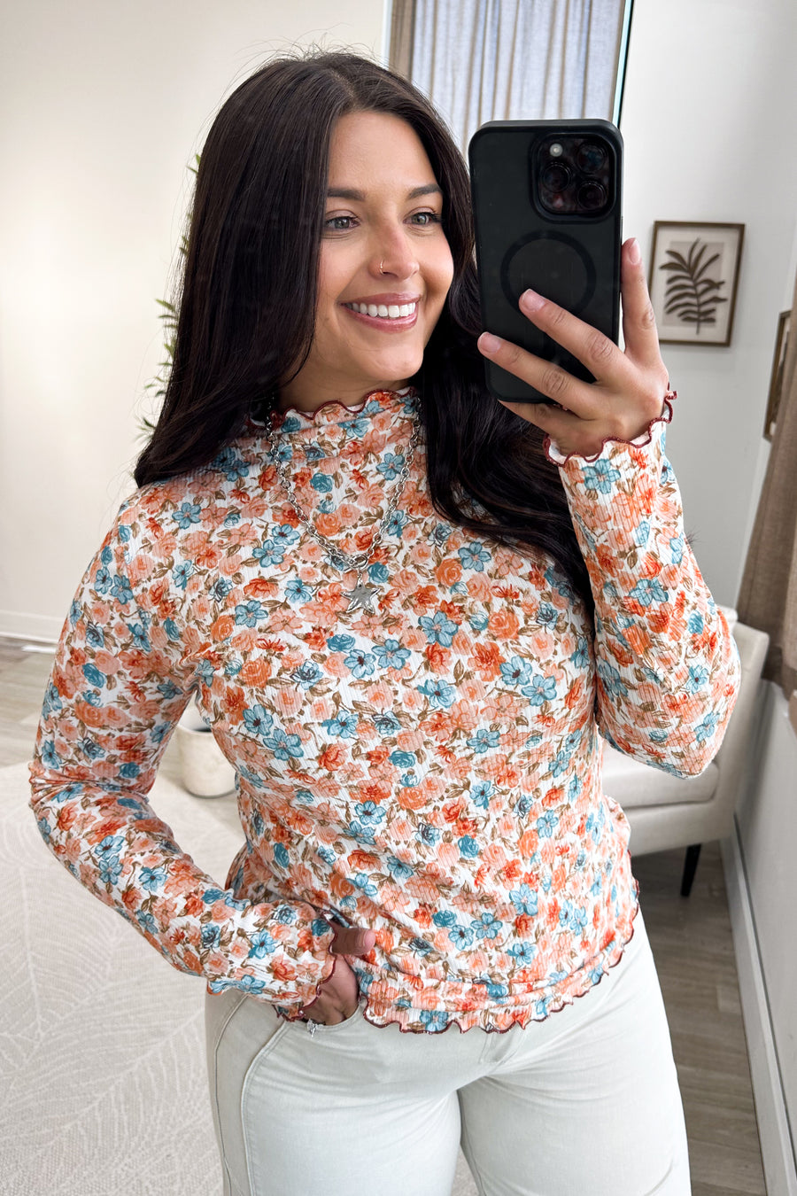 Ivory And Rust Floral Mock Neck Knit Top