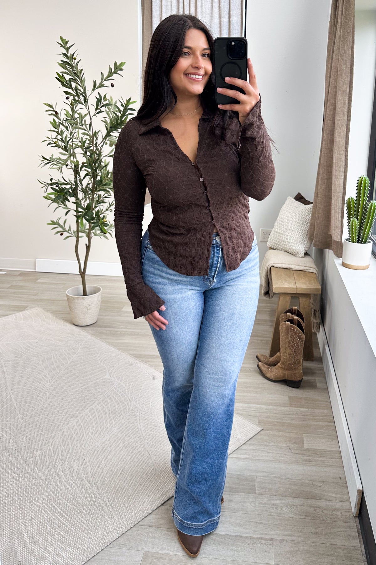 Brown Textured Button Up Collared Knit Top