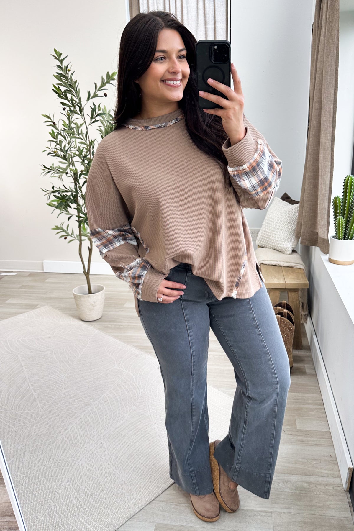 Mocha Relaxed Thermal Knit Plaid Contrast Top