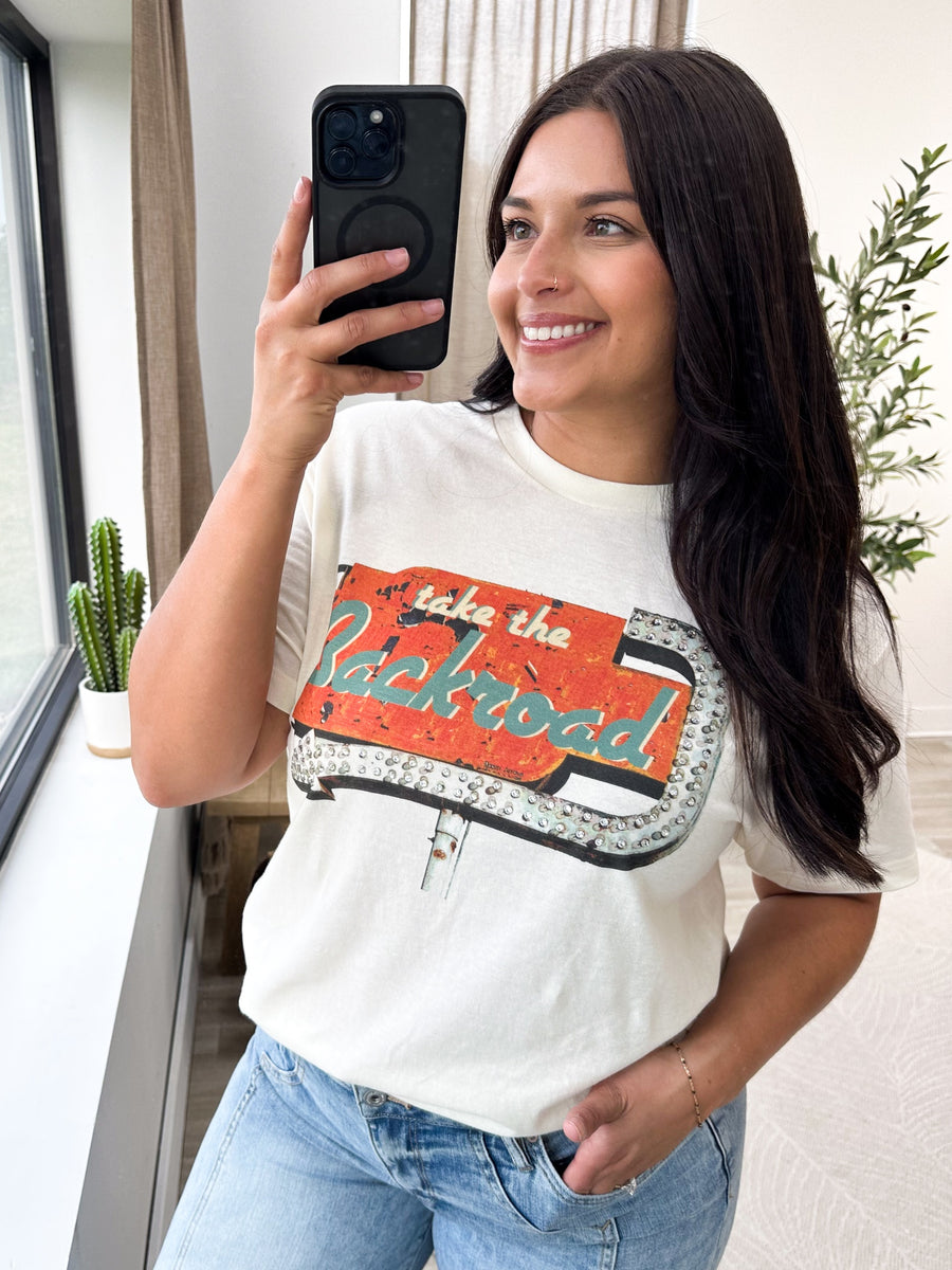 White Take The Backroad Graphic Tee- 100% Cotton