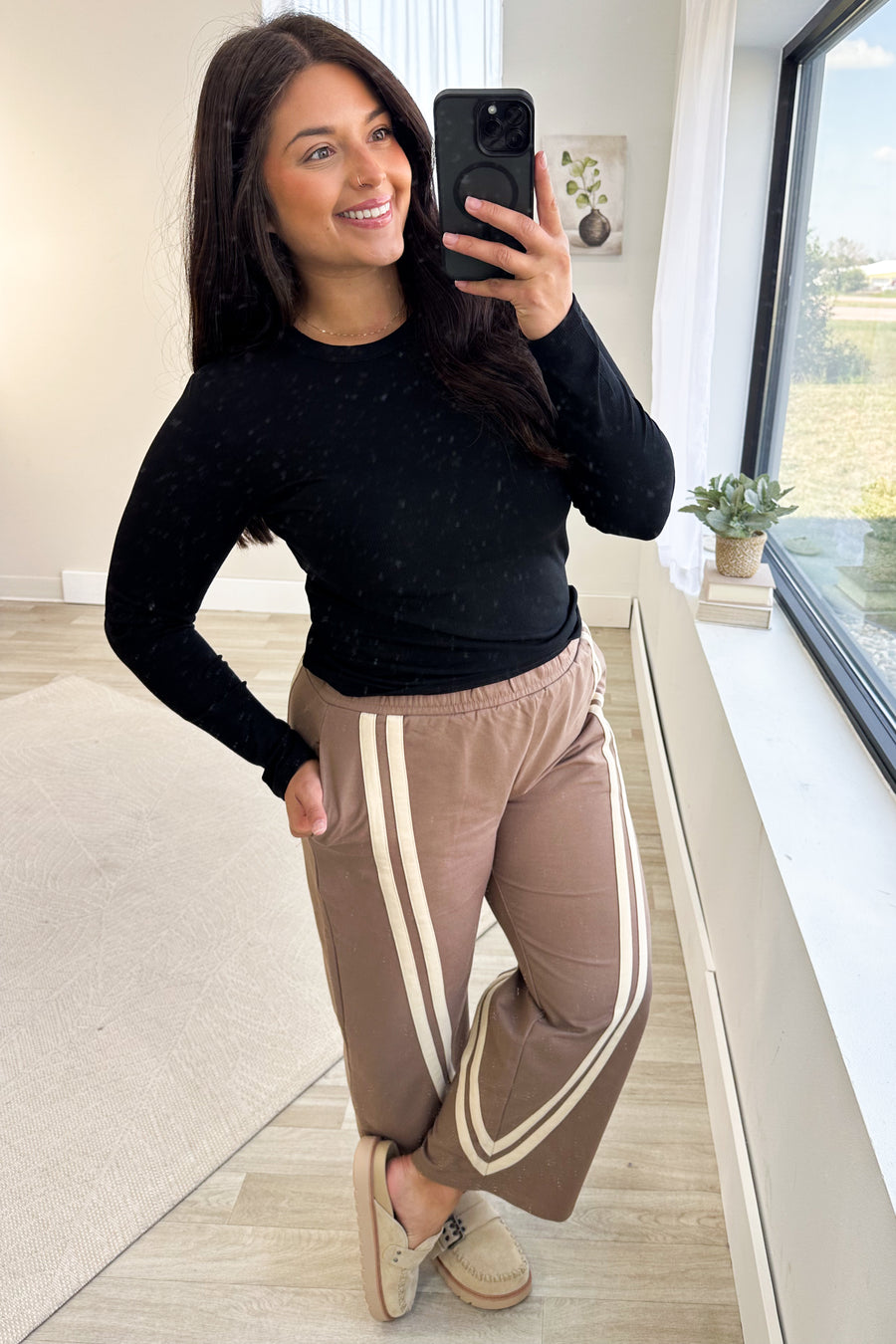 Mocha And Beige Trim Stripe Barrel Pocket Pants