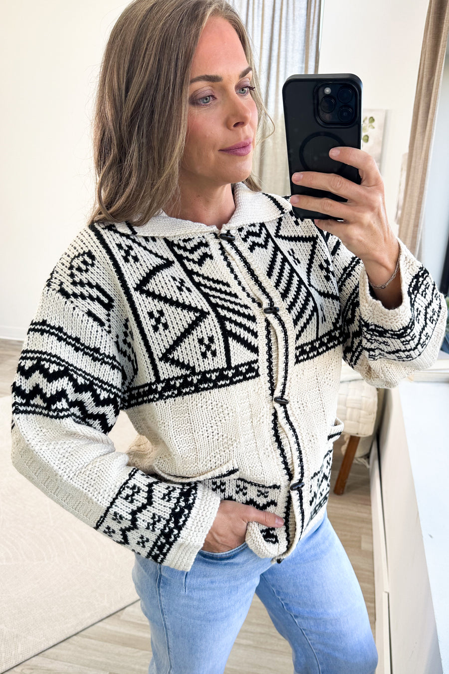 Beige And Black Print Button Up Sweater Cardigan