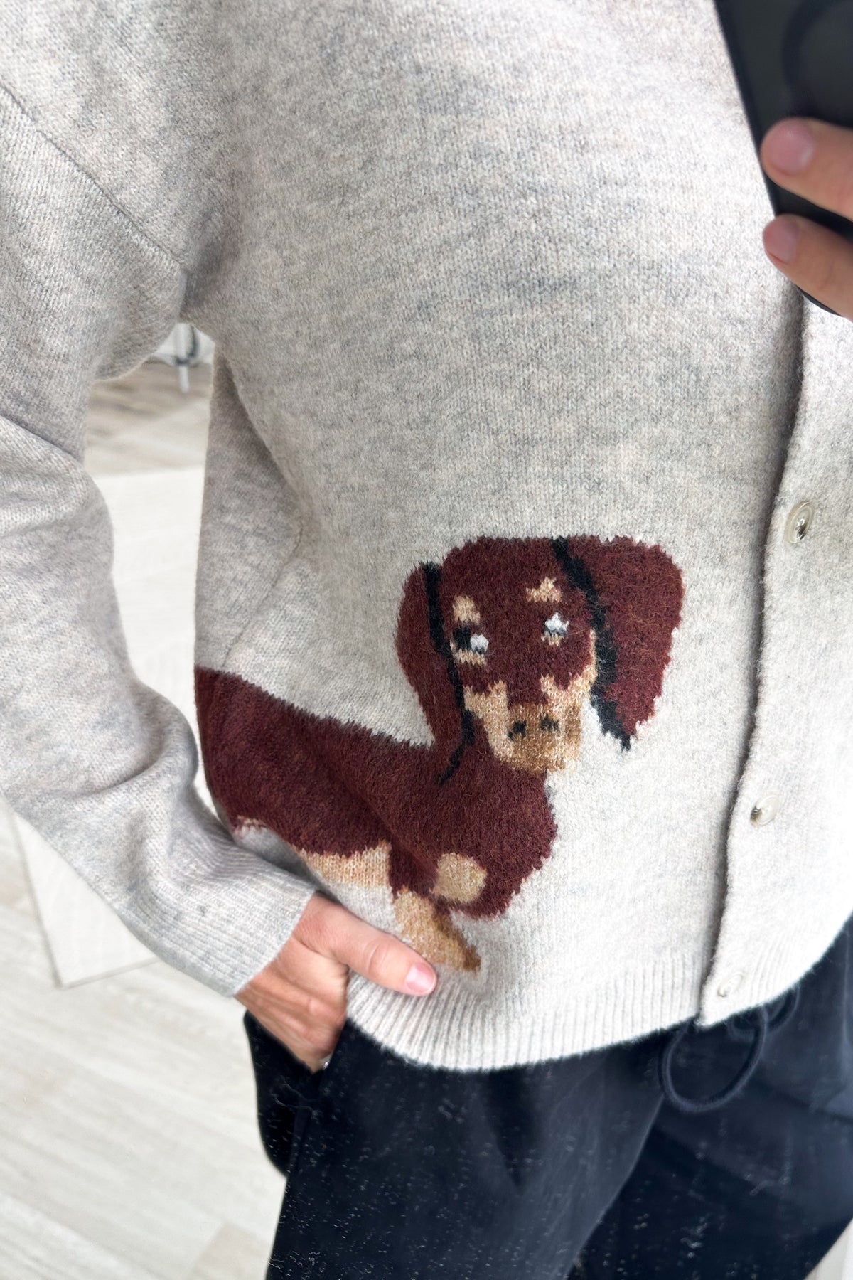 Staccato Oatmeal Weenie Dogs Button Up Cardigan