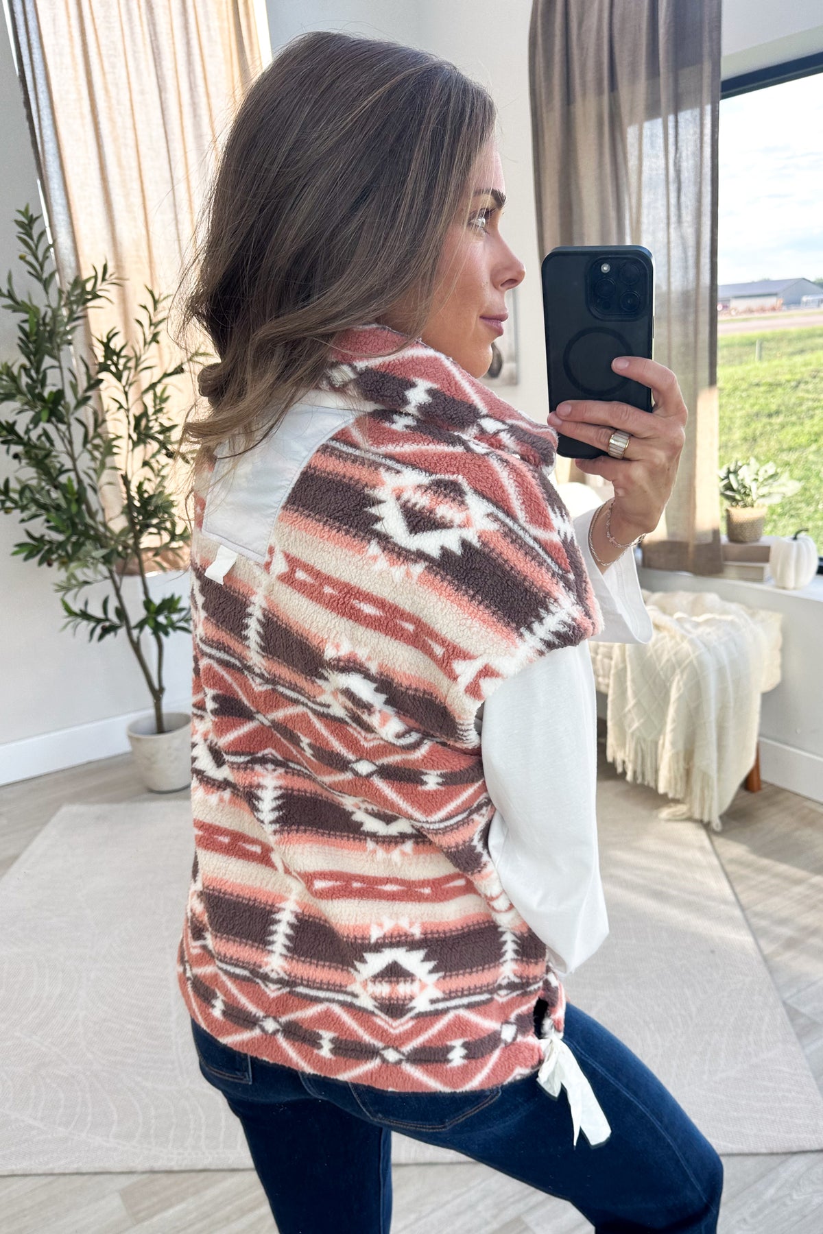 Brown And Salmon Aztec Print Sherpa Button Vest