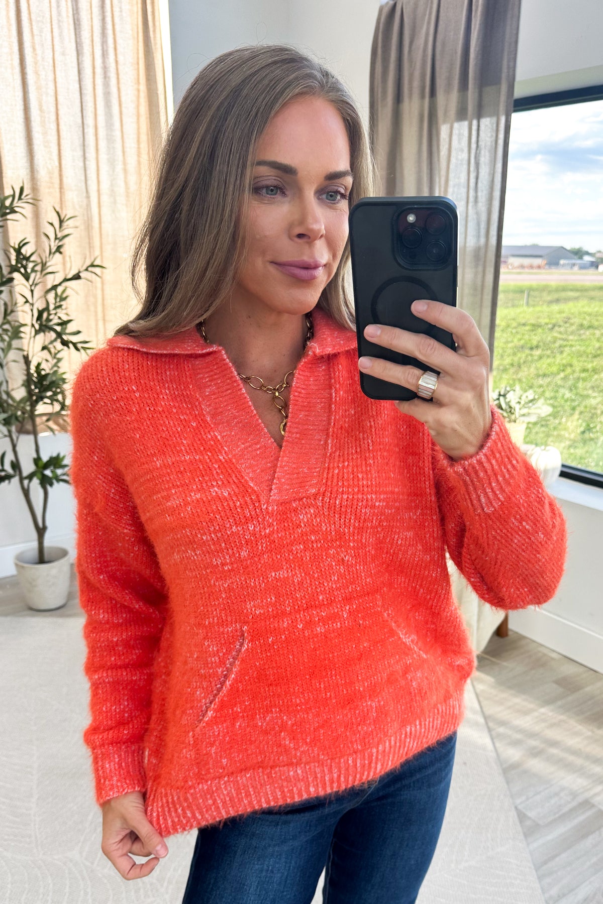 Orange V-Neck Front Pocket Pullover Sweater