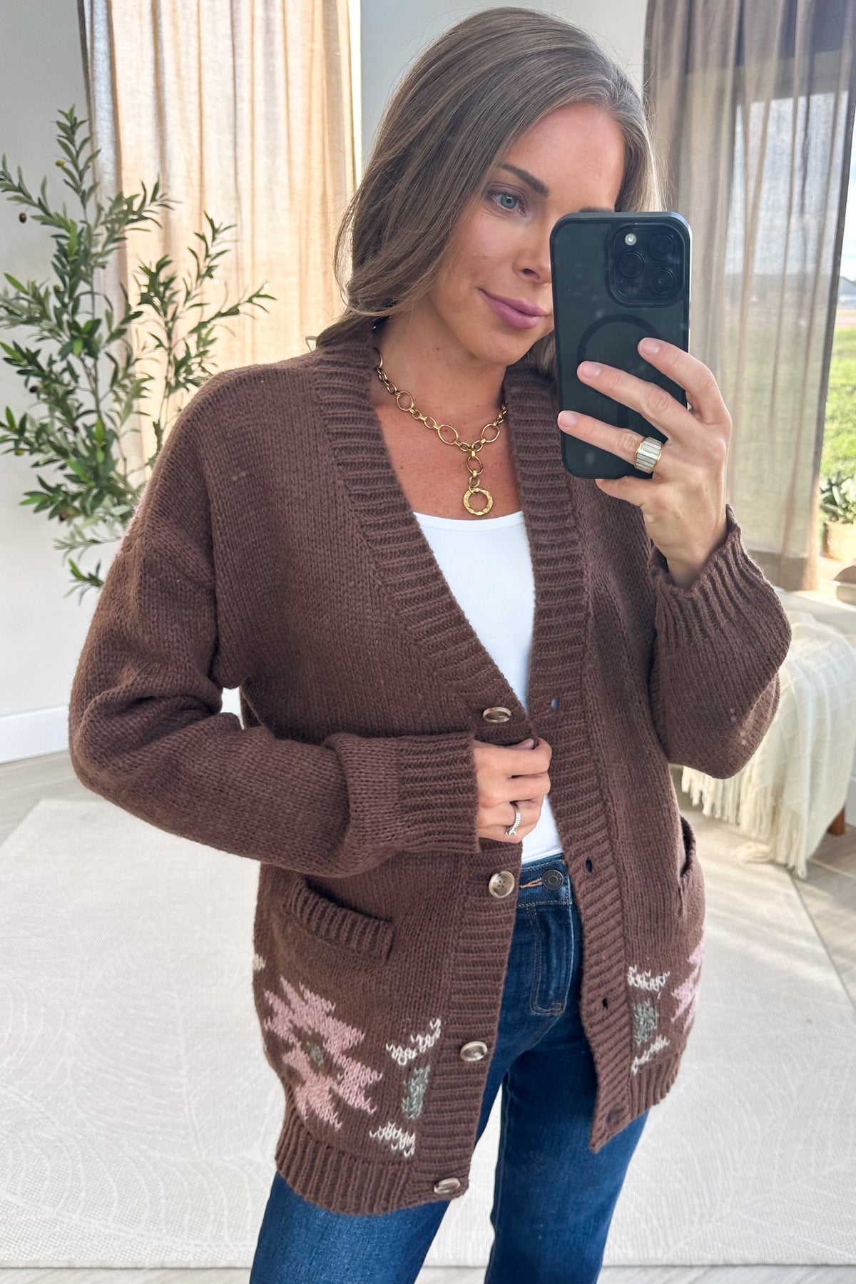 Chocolate Brown Western Horse Intarsia Knit Button Cardigan