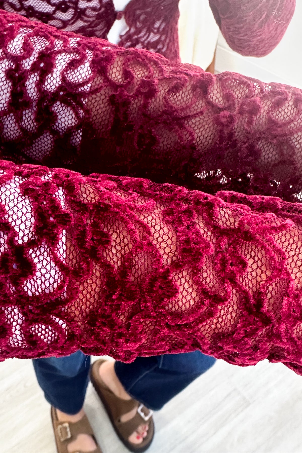 Burgundy Flocked Lace Long Sleeve Knit Top