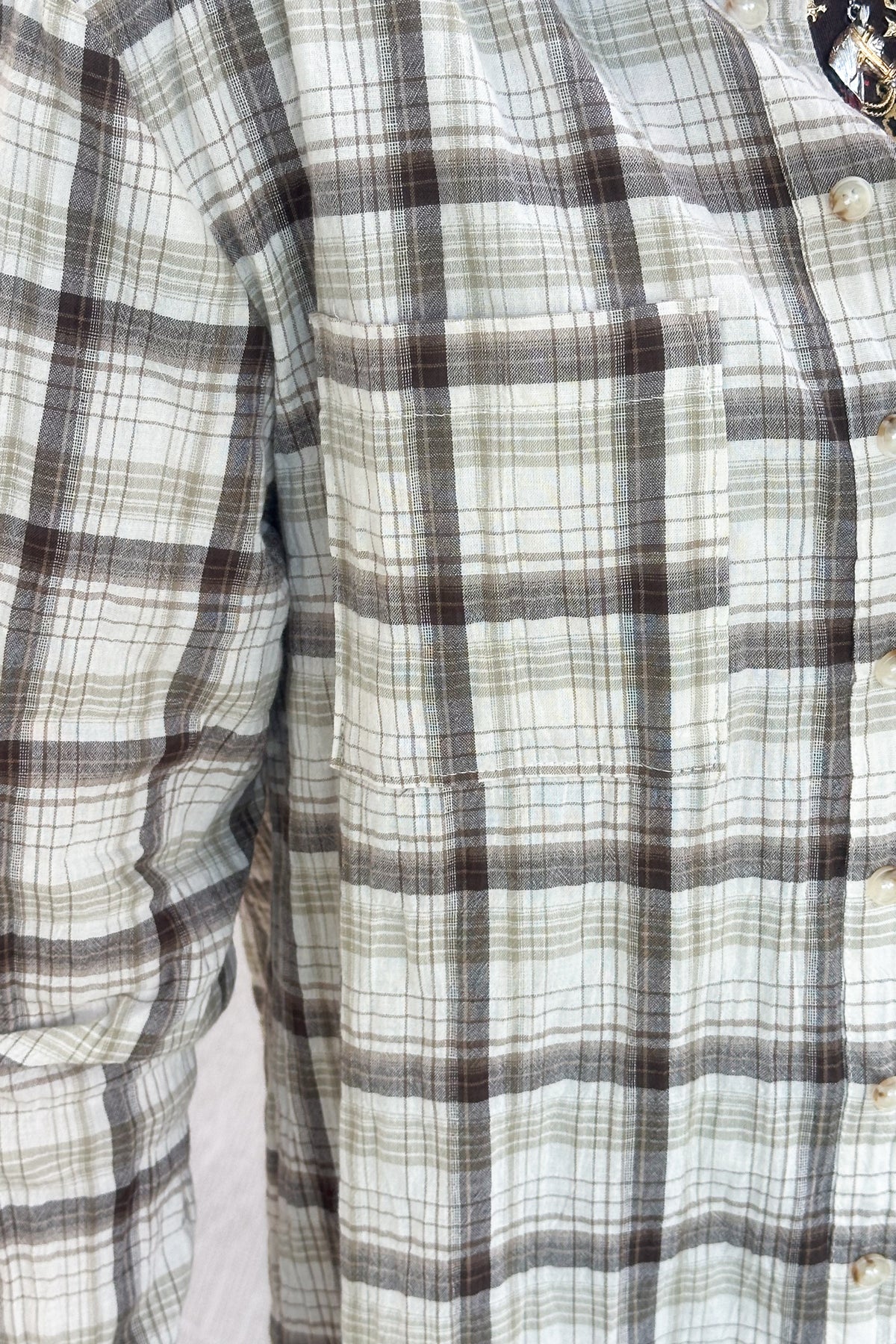 Ivory And Mocha Classic Plaid Button Down Top