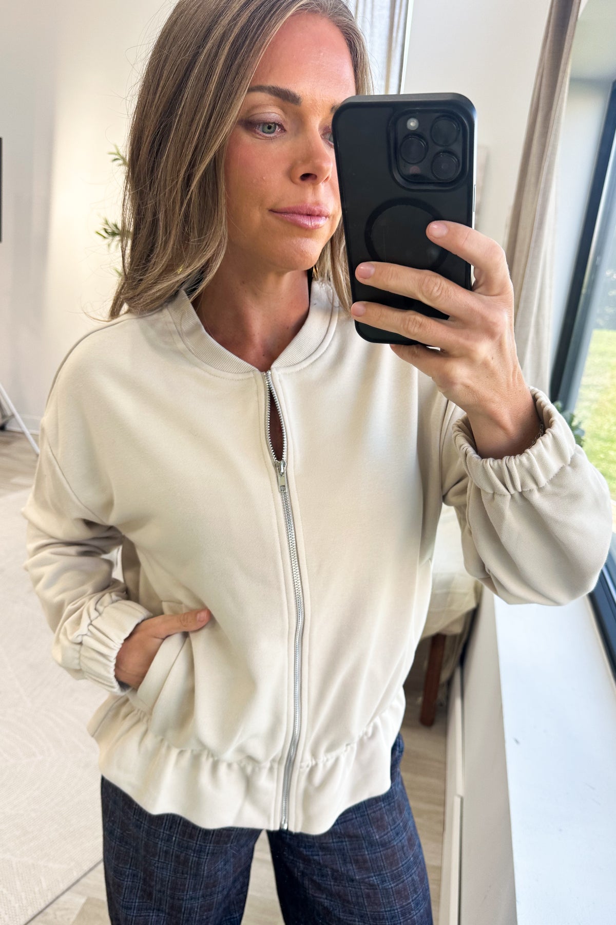 Staccato Oatmeal Zip Up Bomber Jacket With Ruffle