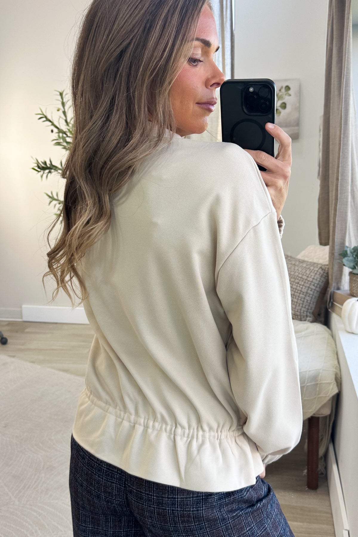 Staccato Oatmeal Zip Up Bomber Jacket With Ruffle