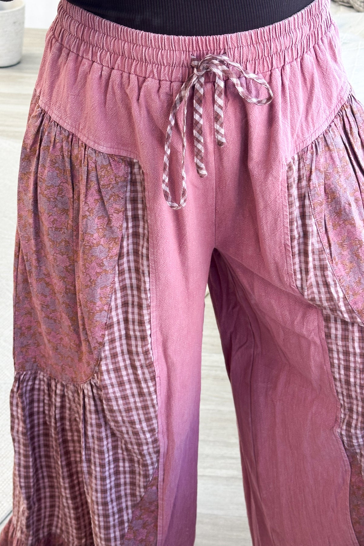 Dark Mauve Patchwork Mixed Print Wide Leg Pants