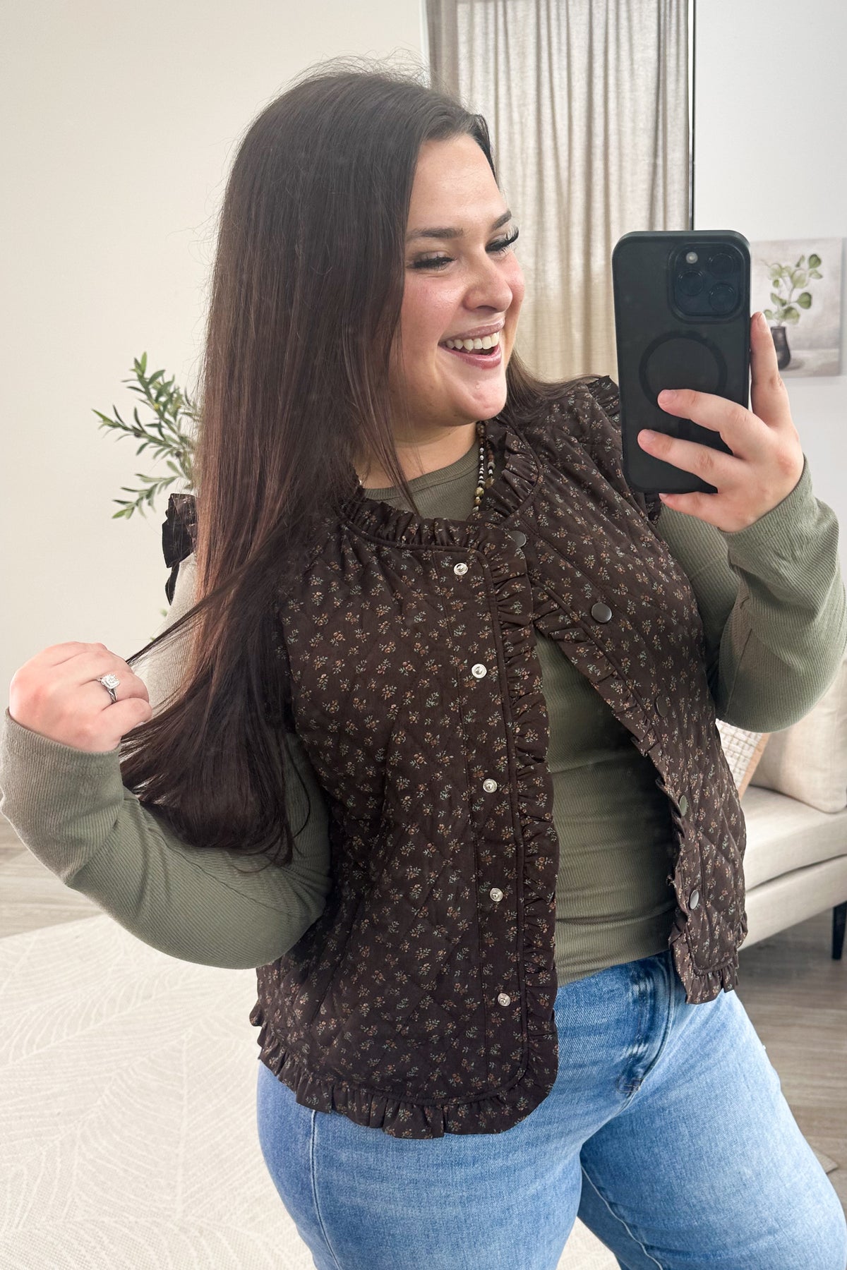 Staccato Brown And Green Plaid Frill Vest