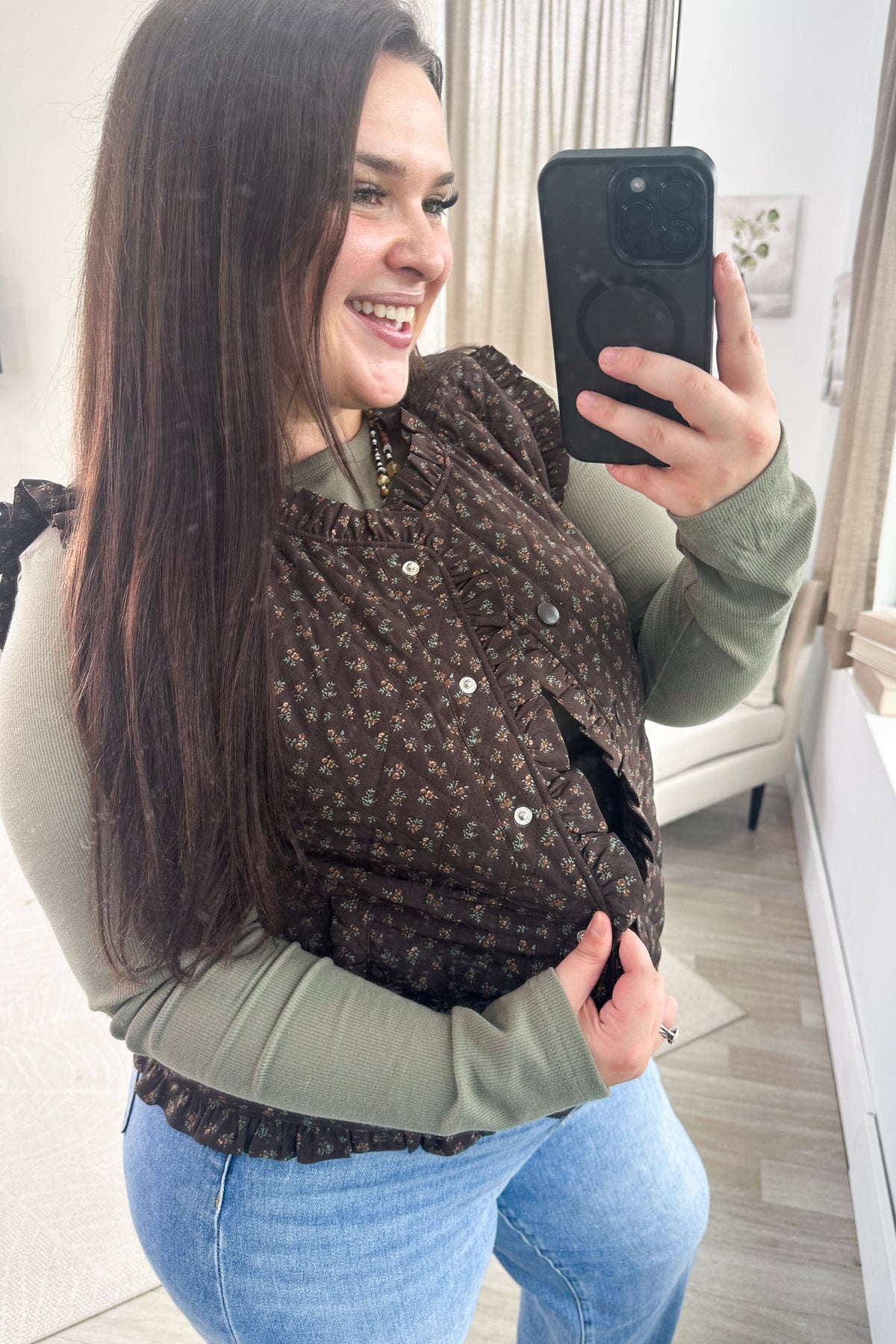 Staccato Brown And Green Plaid Frill Vest
