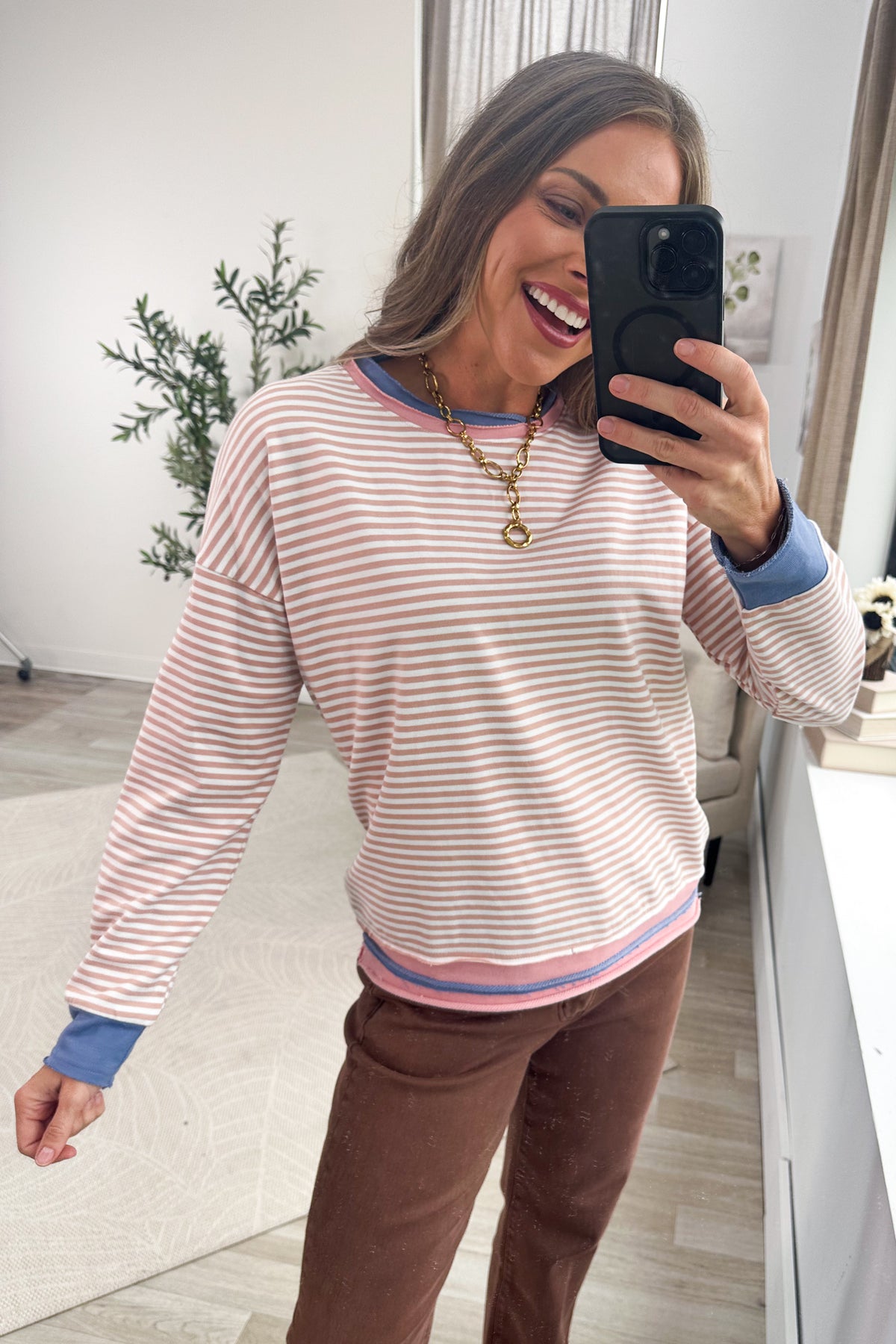 Staccato Blush Stripe Raw Edge Knit Sweatshirt