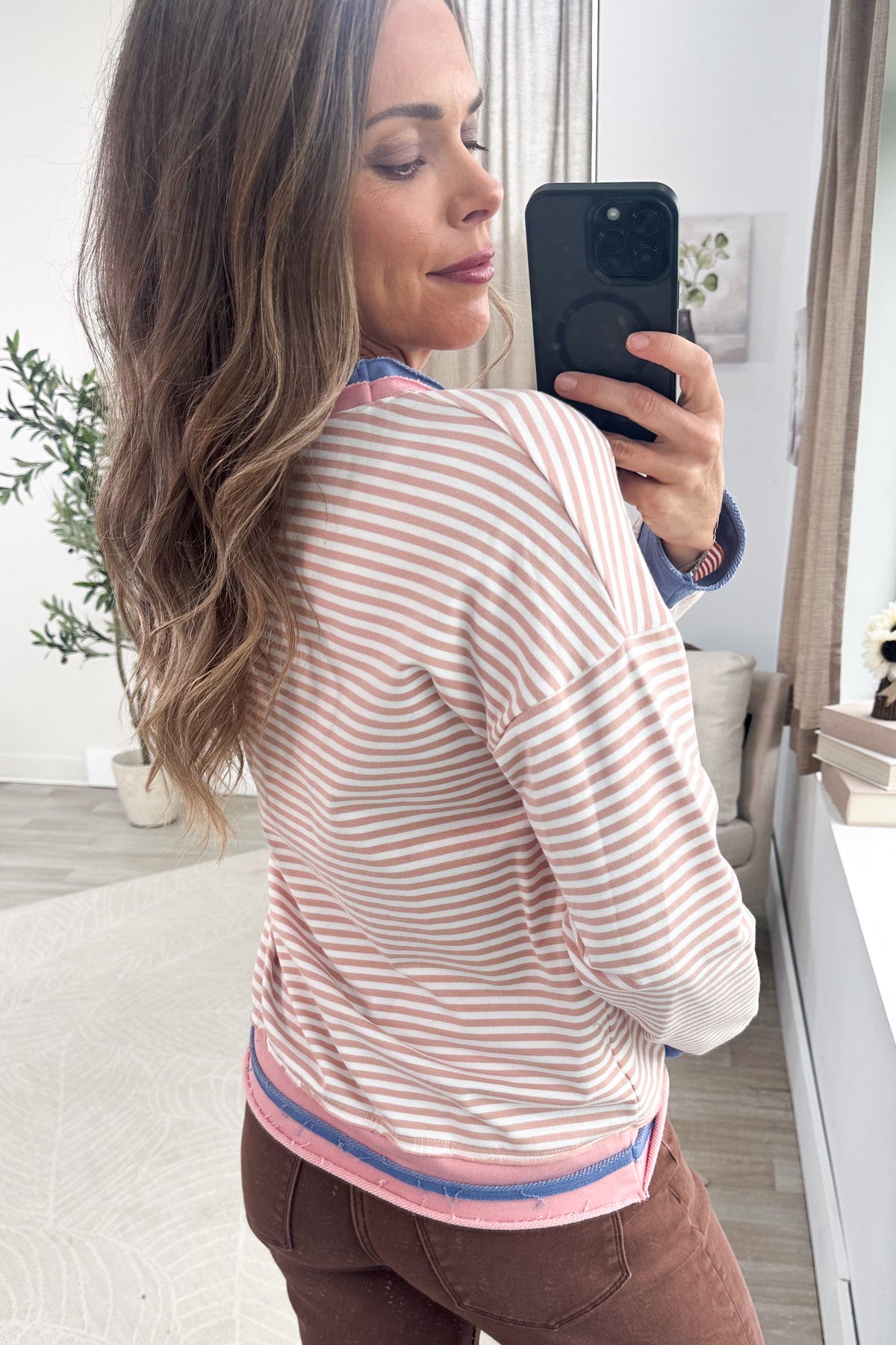 Staccato Blush Stripe Raw Edge Knit Sweatshirt