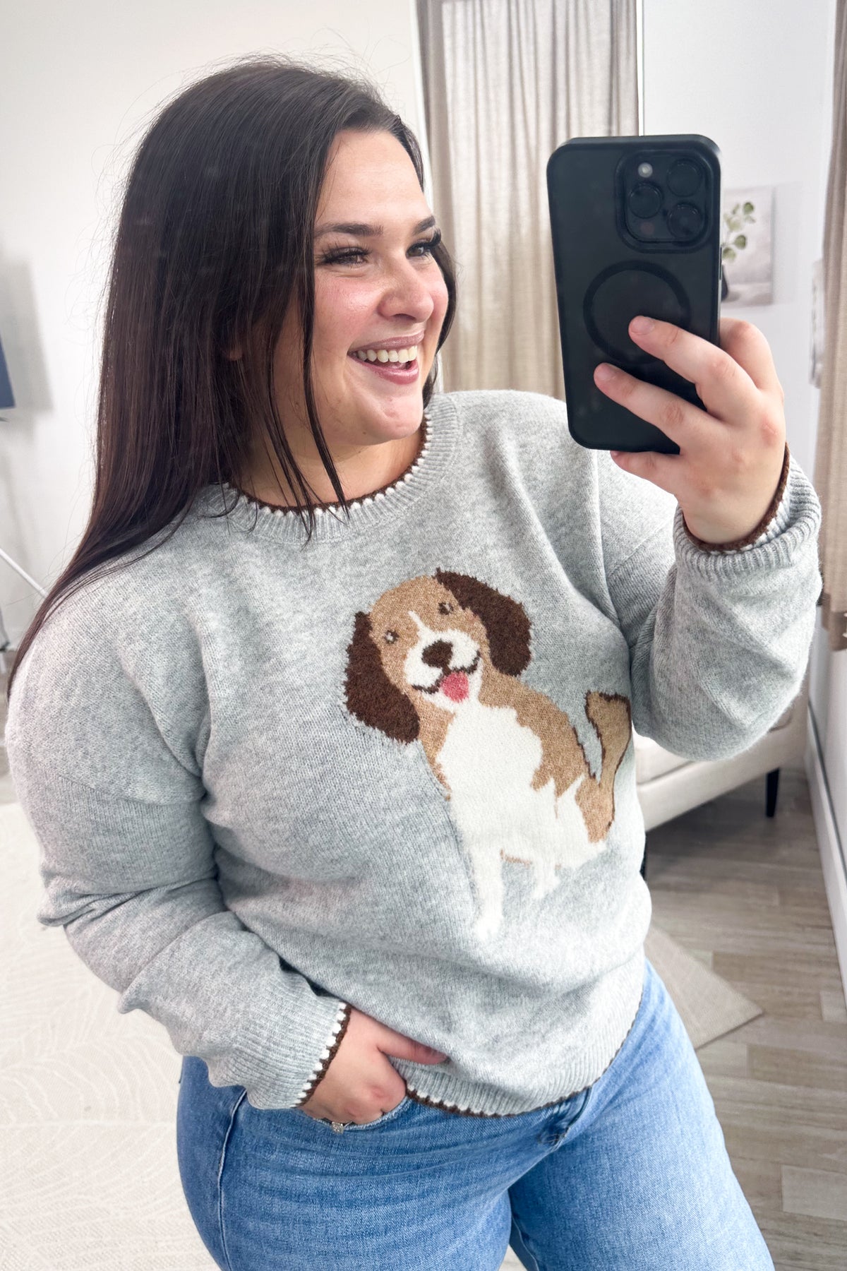 Staccato Heather Grey Dog Print Sweater WIth Trim Detail