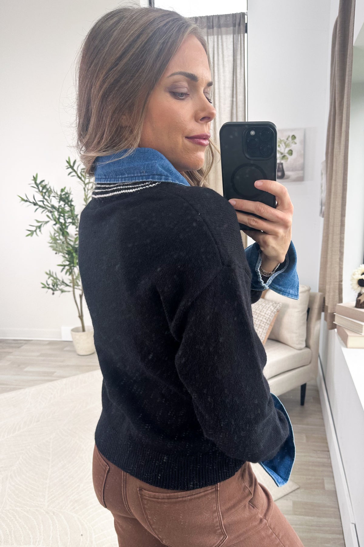 Black Sweater With Denim Layer Effect Top