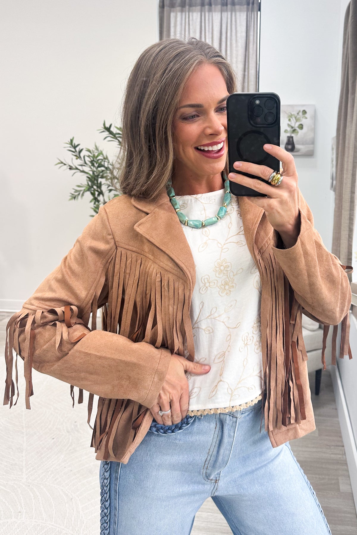 Camel Solid Faux Vegan Suede Fringe Jacket
