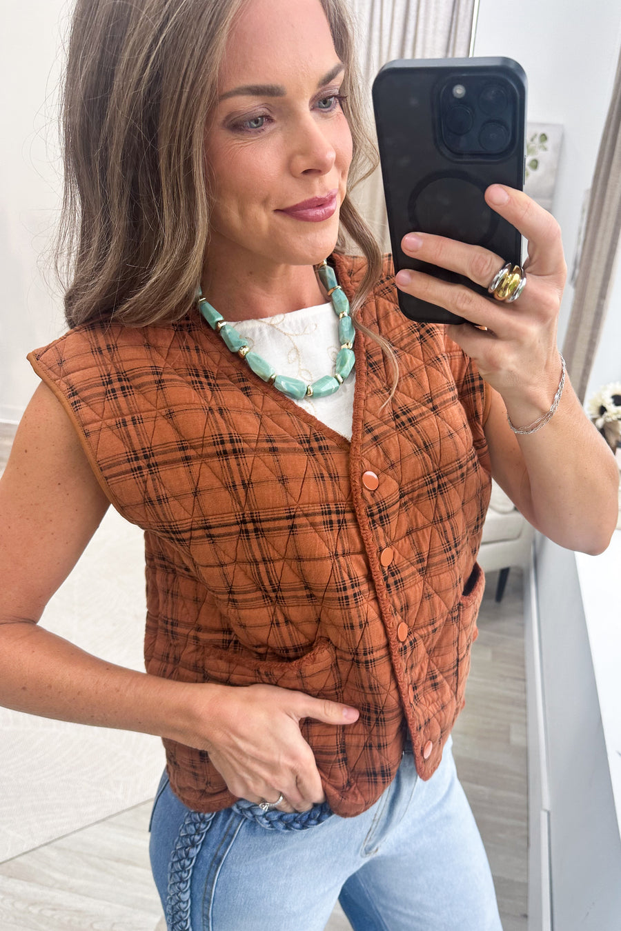 Copper Plaid Snap Button Vest With Front Pockets