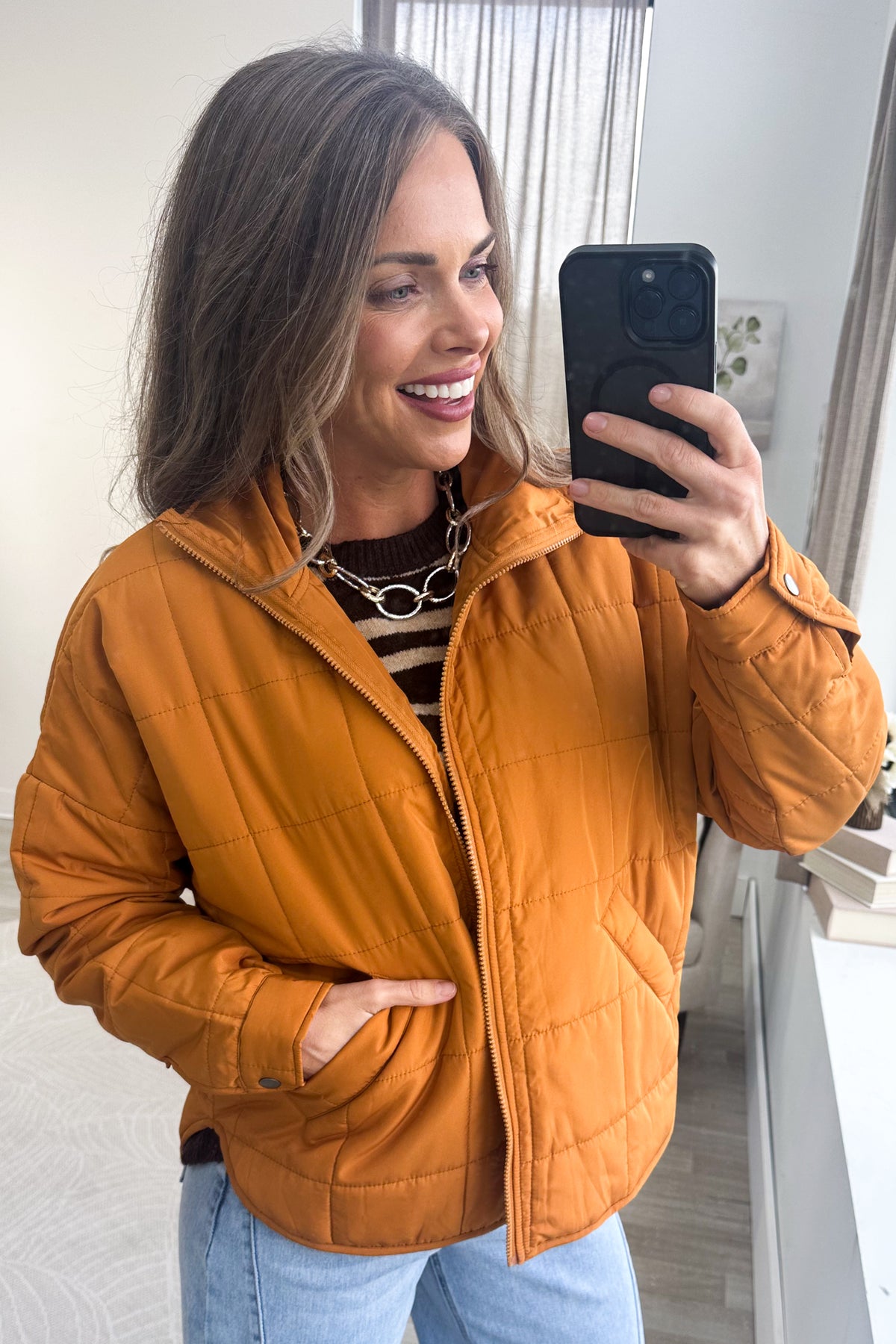 Butterscotch High Neck Zipper Quilt Jacket
